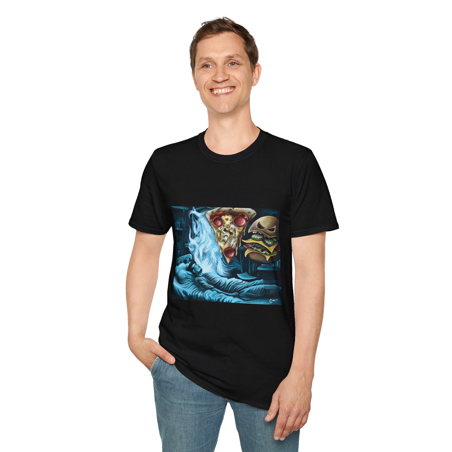 Pizza & Burger Nightmare Unisex Softstyle T-Shirt - Fun Graphic Tee for Food Lovers