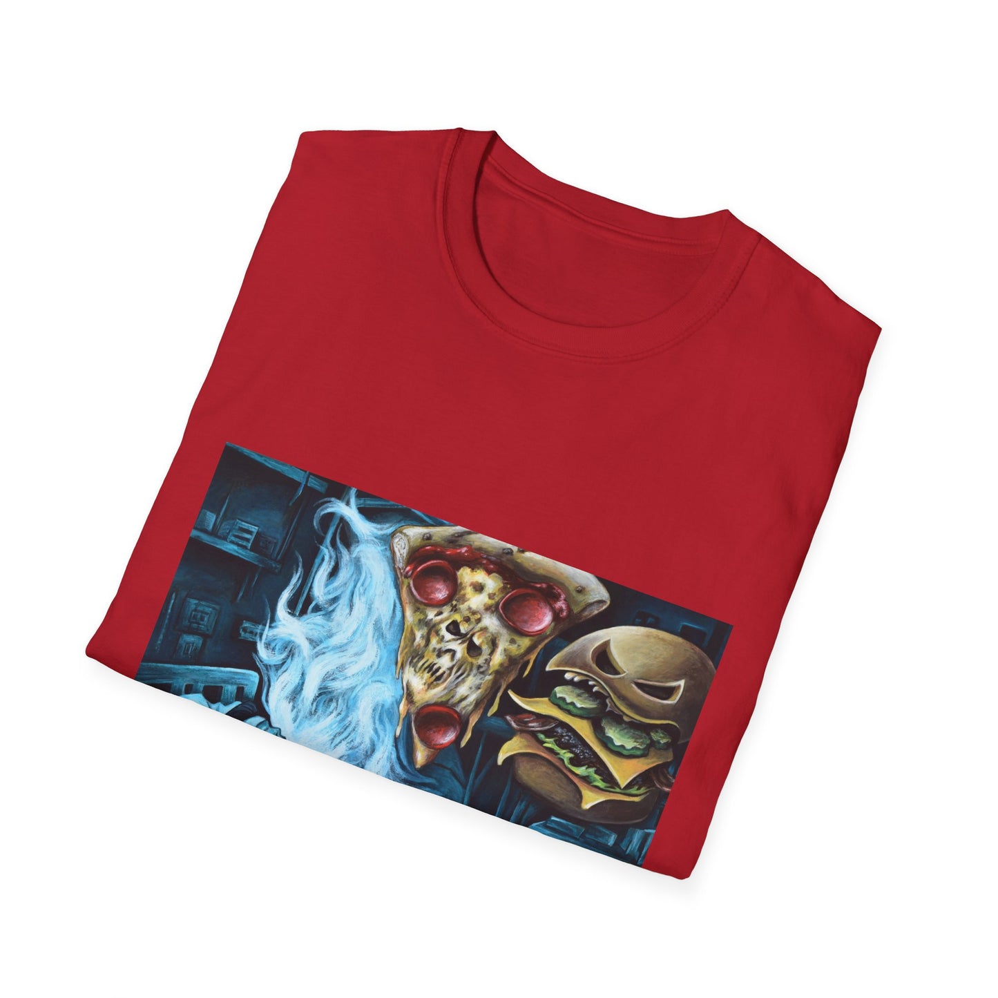 Pizza & Burger Nightmare Unisex Softstyle T-Shirt - Fun Graphic Tee for Food Lovers