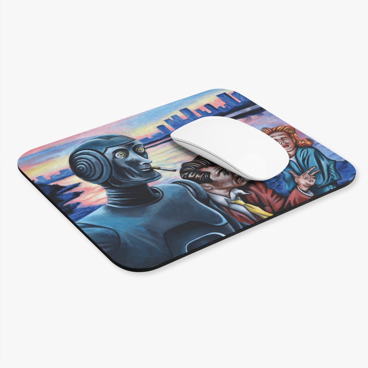 Retro Sci-Fi Mouse Pad - Colorful Urban Landscape Design
