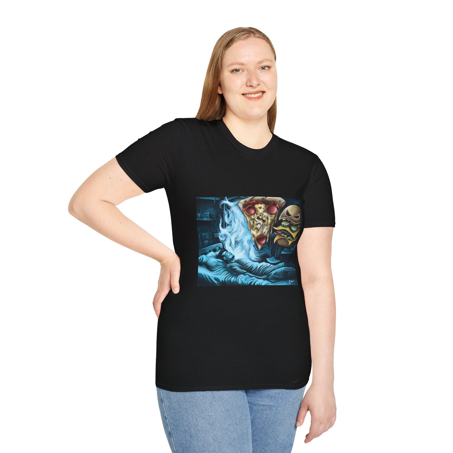 Pizza & Burger Nightmare Unisex Softstyle T-Shirt - Fun Graphic Tee for Food Lovers