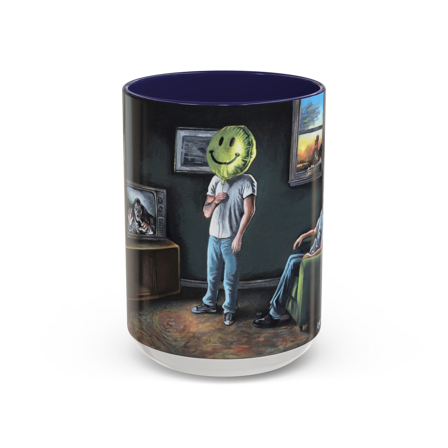 Smiley Mask Art Coffee Mug — Surreal Portrait Accent 11/15oz