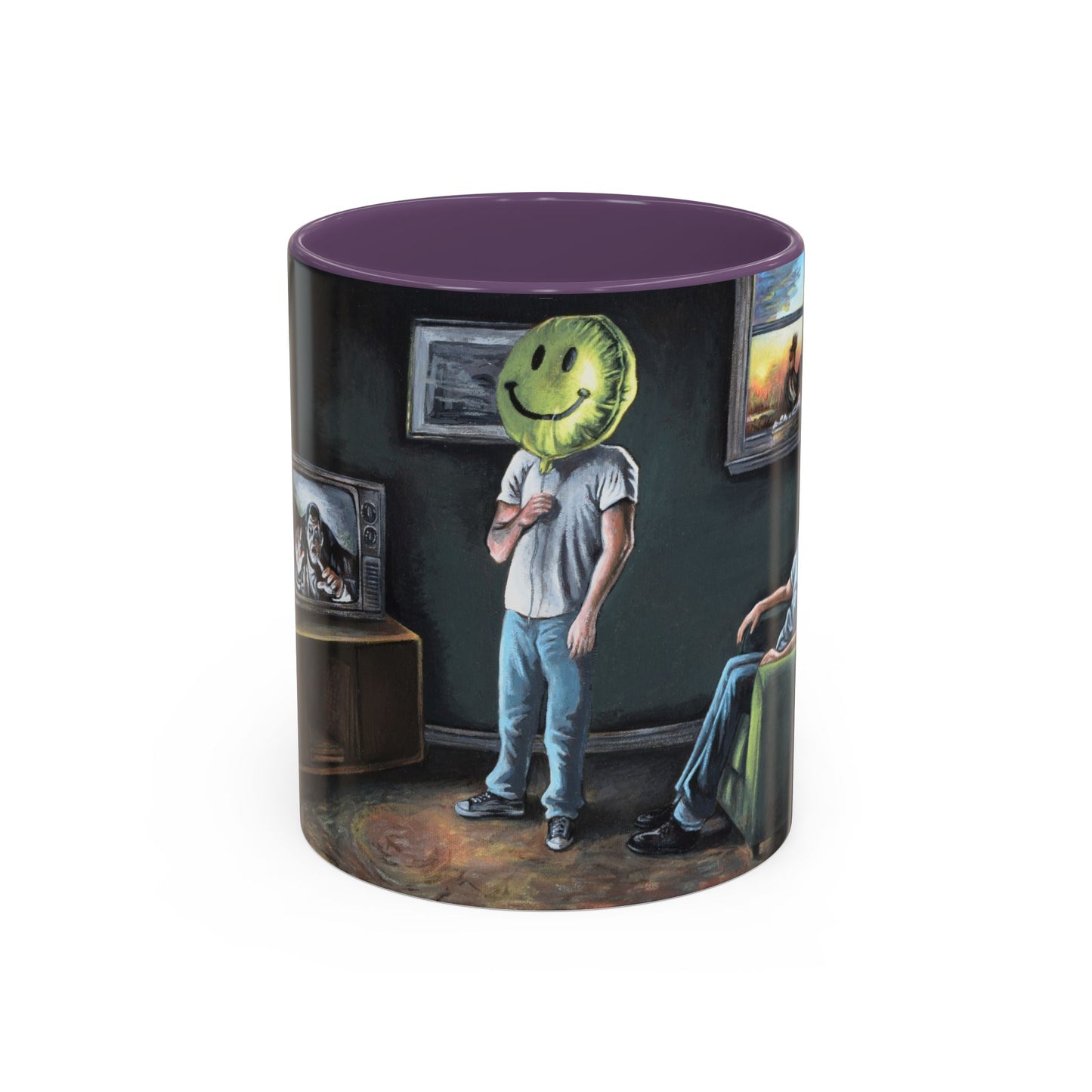Smiley Mask Art Coffee Mug — Surreal Portrait Accent 11/15oz
