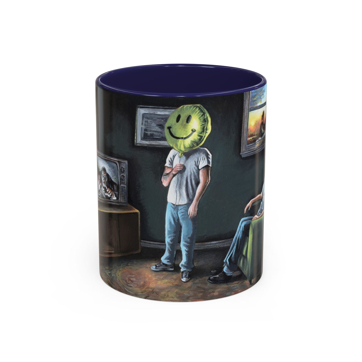 Smiley Mask Art Coffee Mug — Surreal Portrait Accent 11/15oz