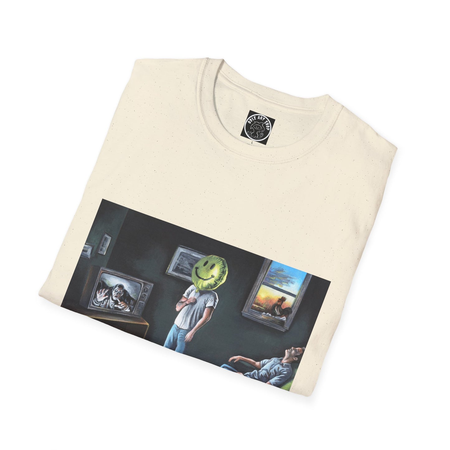 Surreal Smiley Mask Art T-Shirt — Retro TV Night Scene