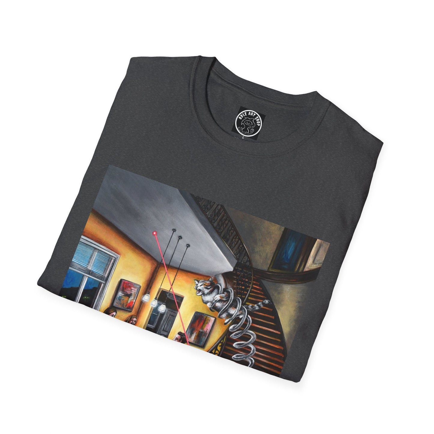 Surreal Spiral Staircase Art T-Shirt — Hand-Painted Room Scene Graphic Tee
