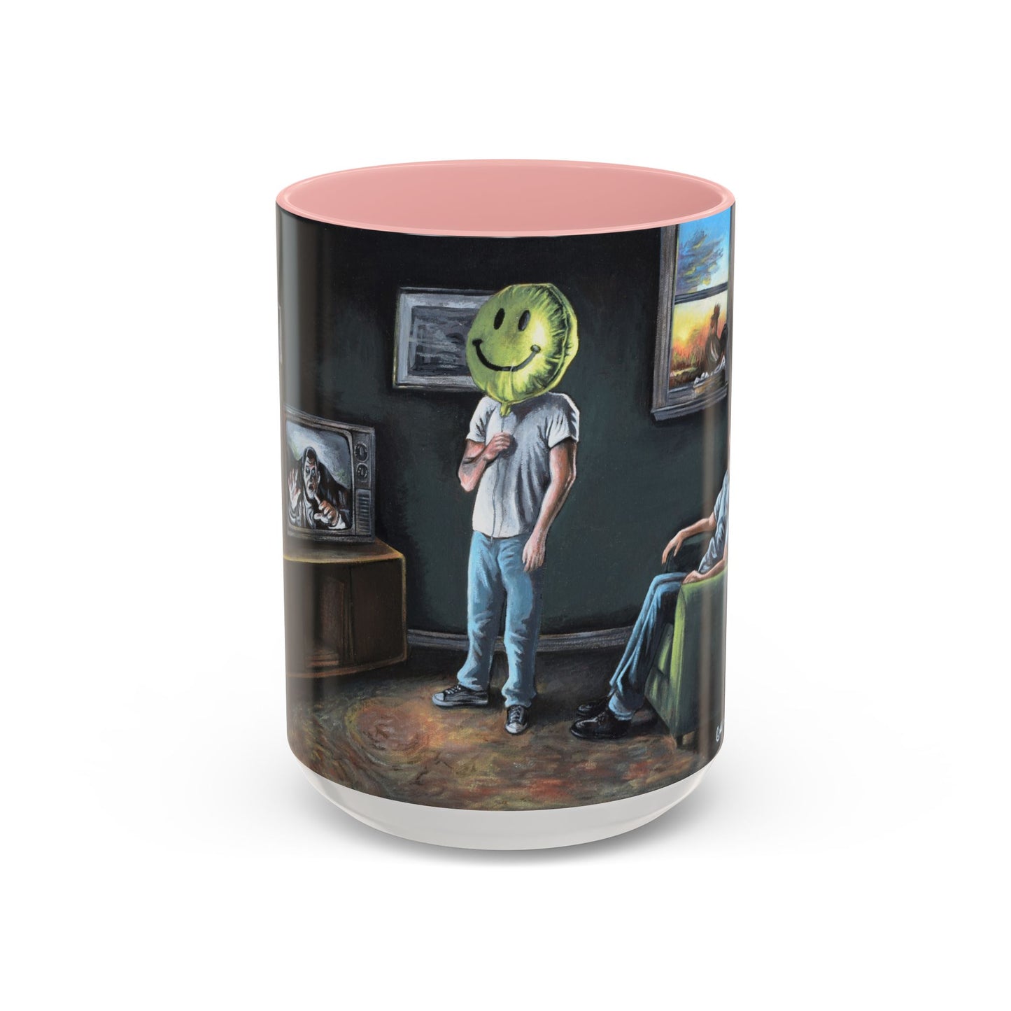 Smiley Mask Art Coffee Mug — Surreal Portrait Accent 11/15oz