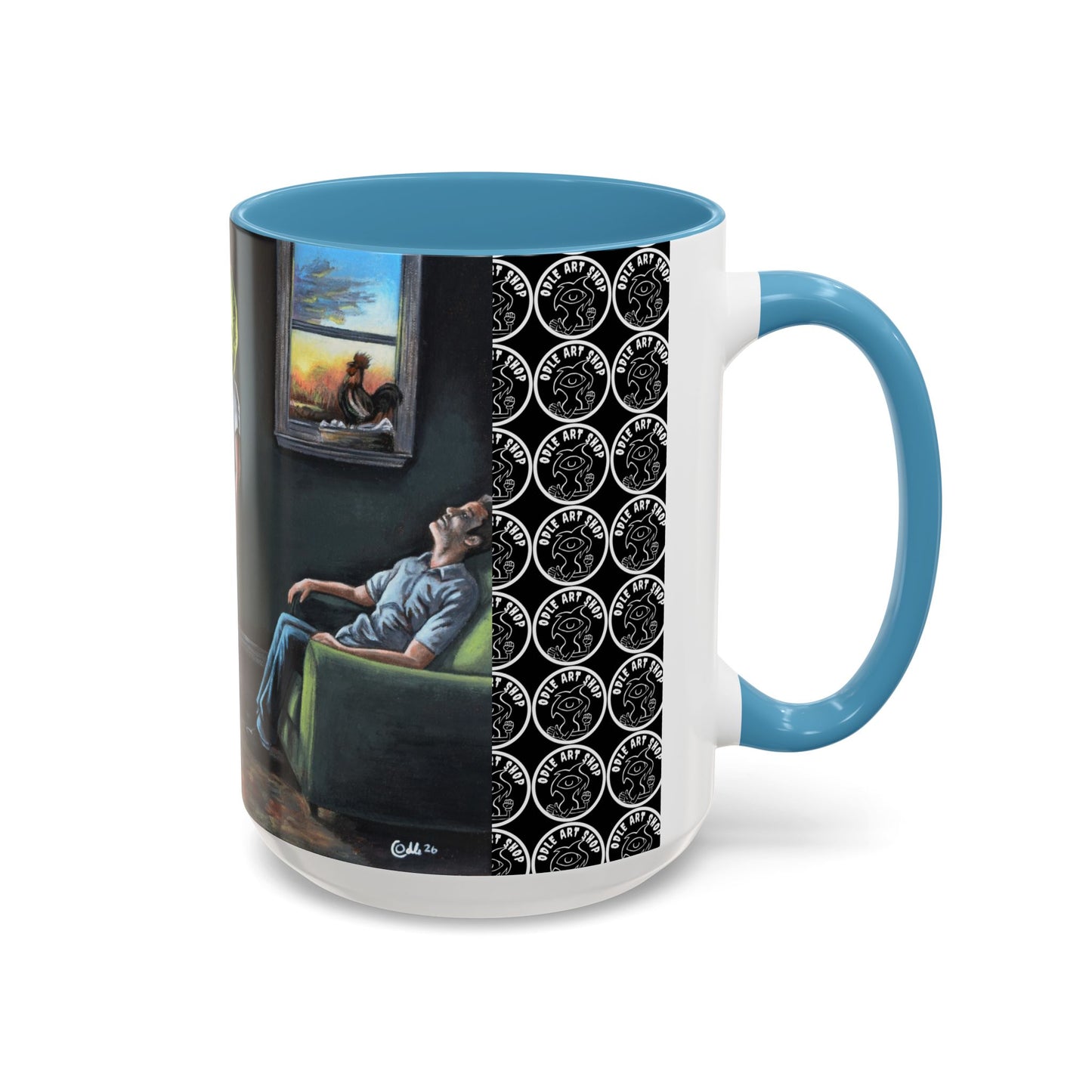 Smiley Mask Art Coffee Mug — Surreal Portrait Accent 11/15oz