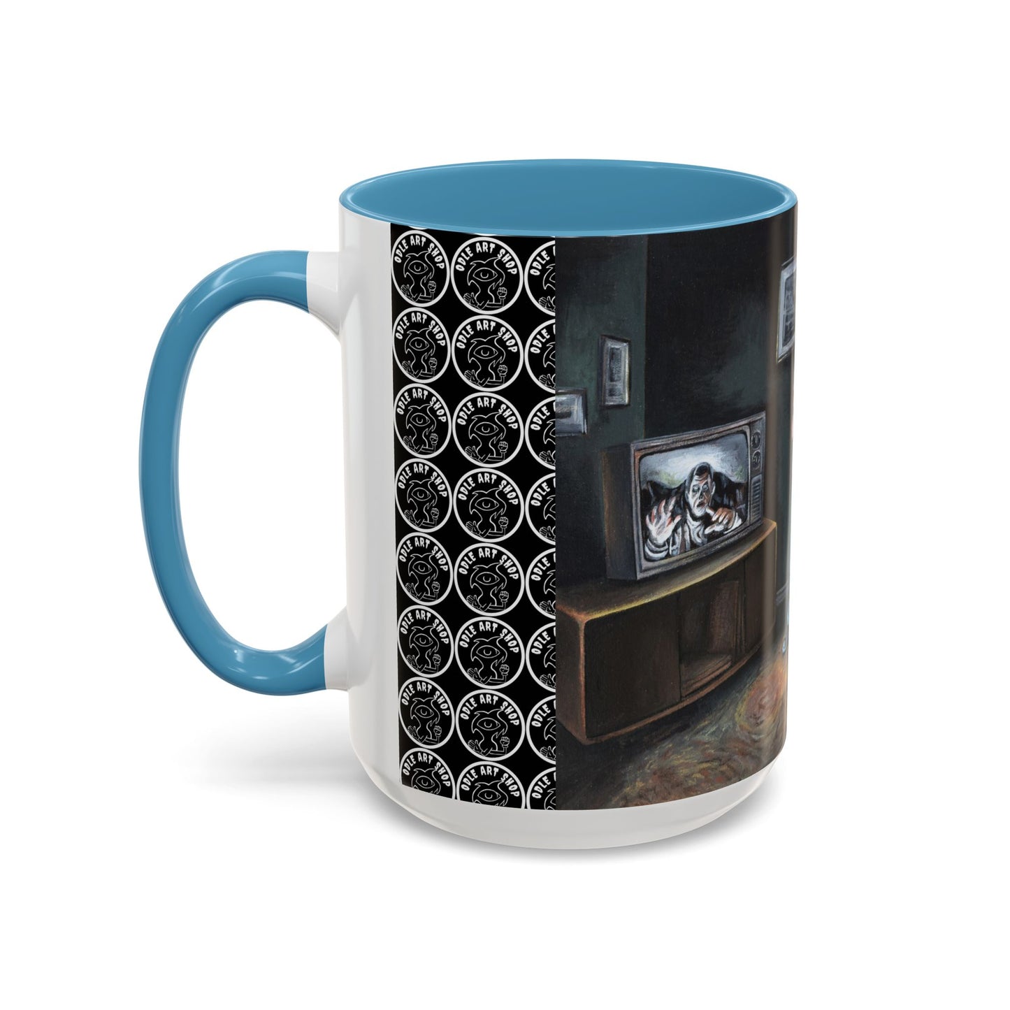 Smiley Mask Art Coffee Mug — Surreal Portrait Accent 11/15oz