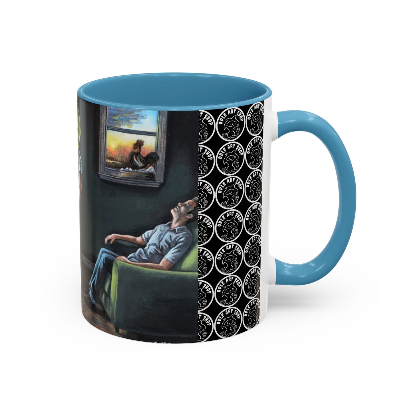 Smiley Mask Art Coffee Mug — Surreal Portrait Accent 11/15oz