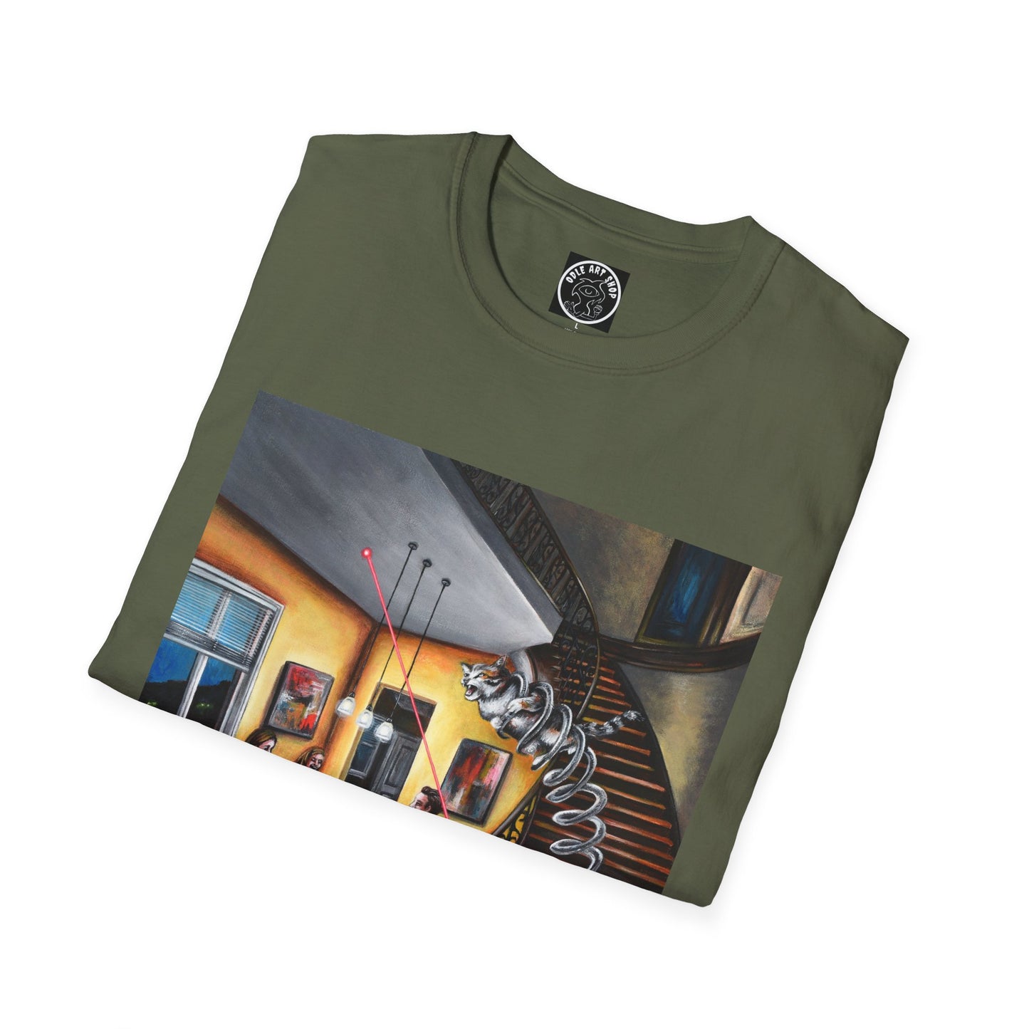Surreal Spiral Staircase Art T-Shirt — Hand-Painted Room Scene Graphic Tee