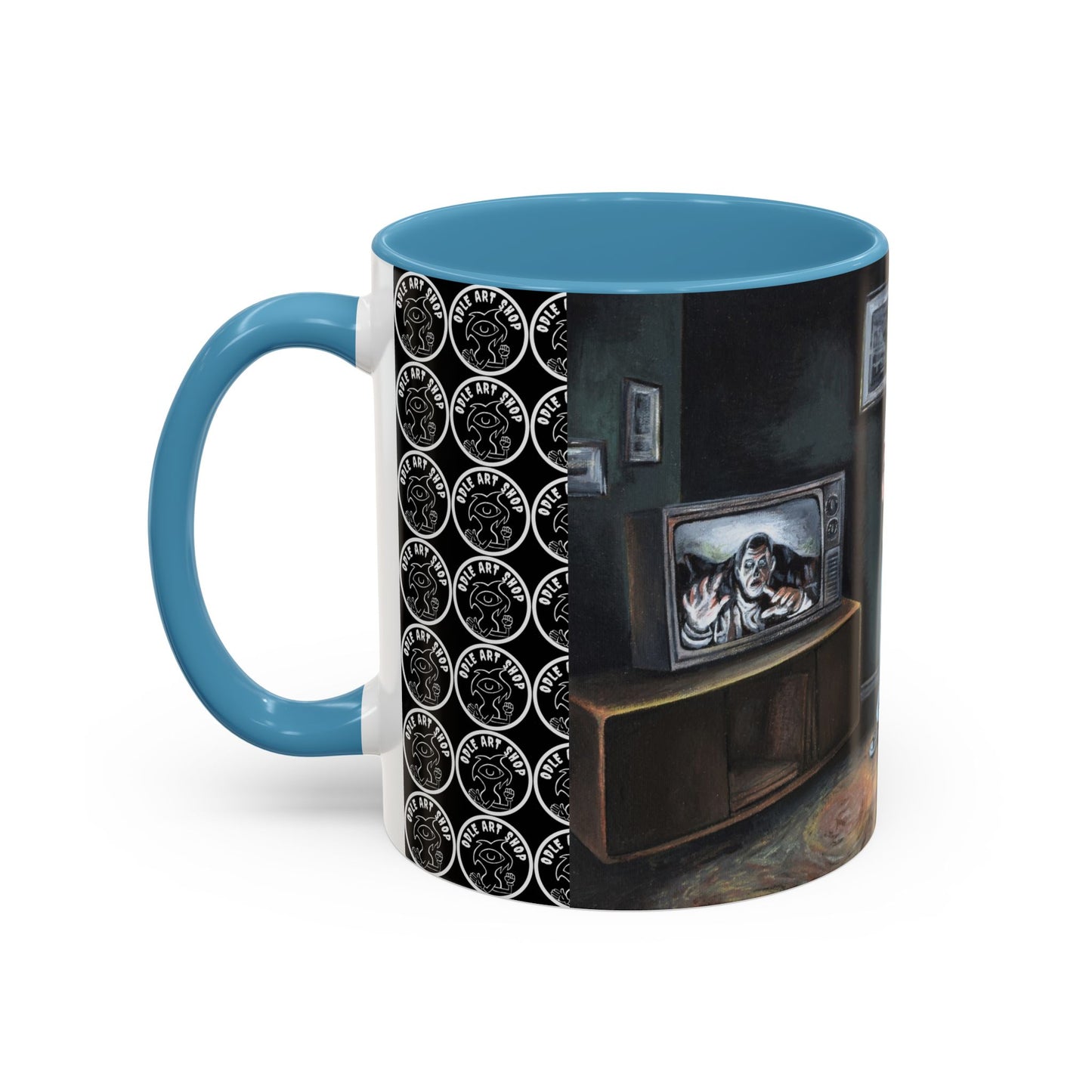 Smiley Mask Art Coffee Mug — Surreal Portrait Accent 11/15oz