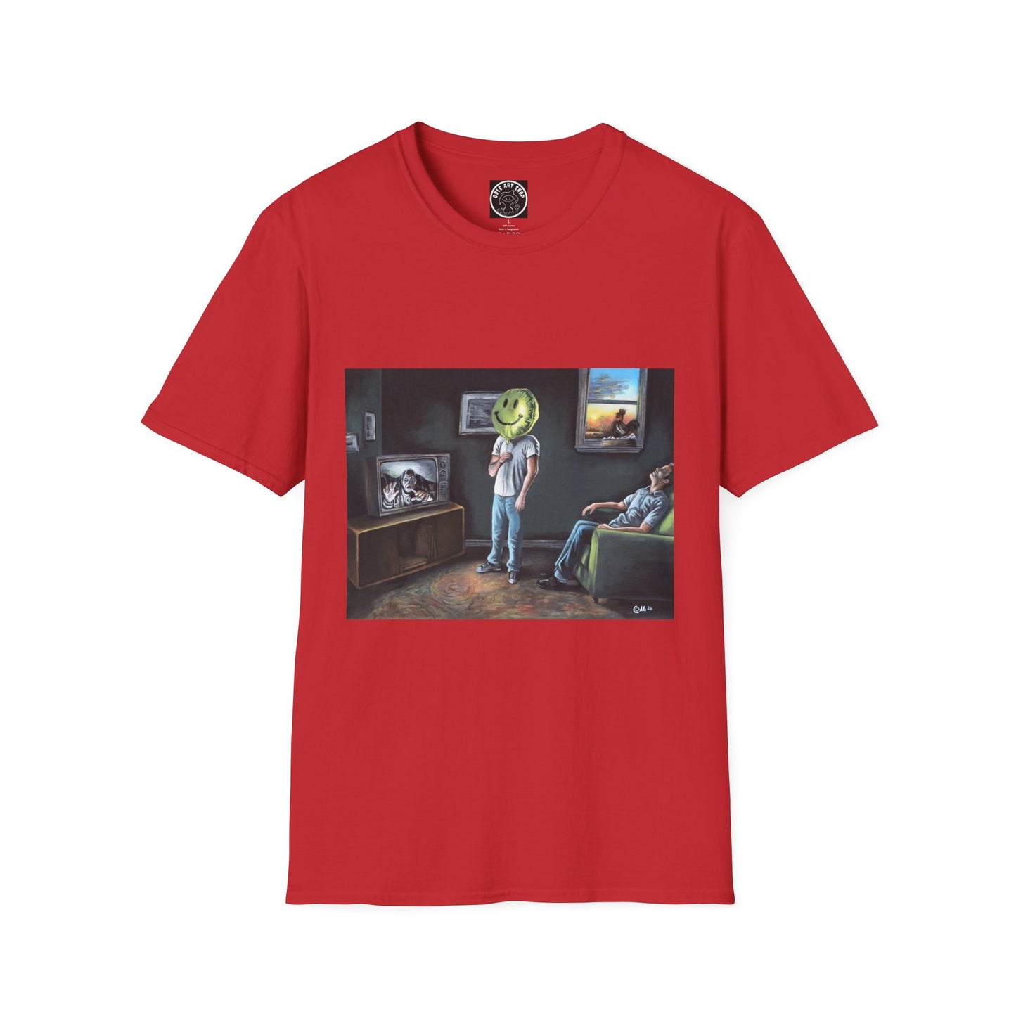Surreal Smiley Mask Art T-Shirt — Retro TV Night Scene