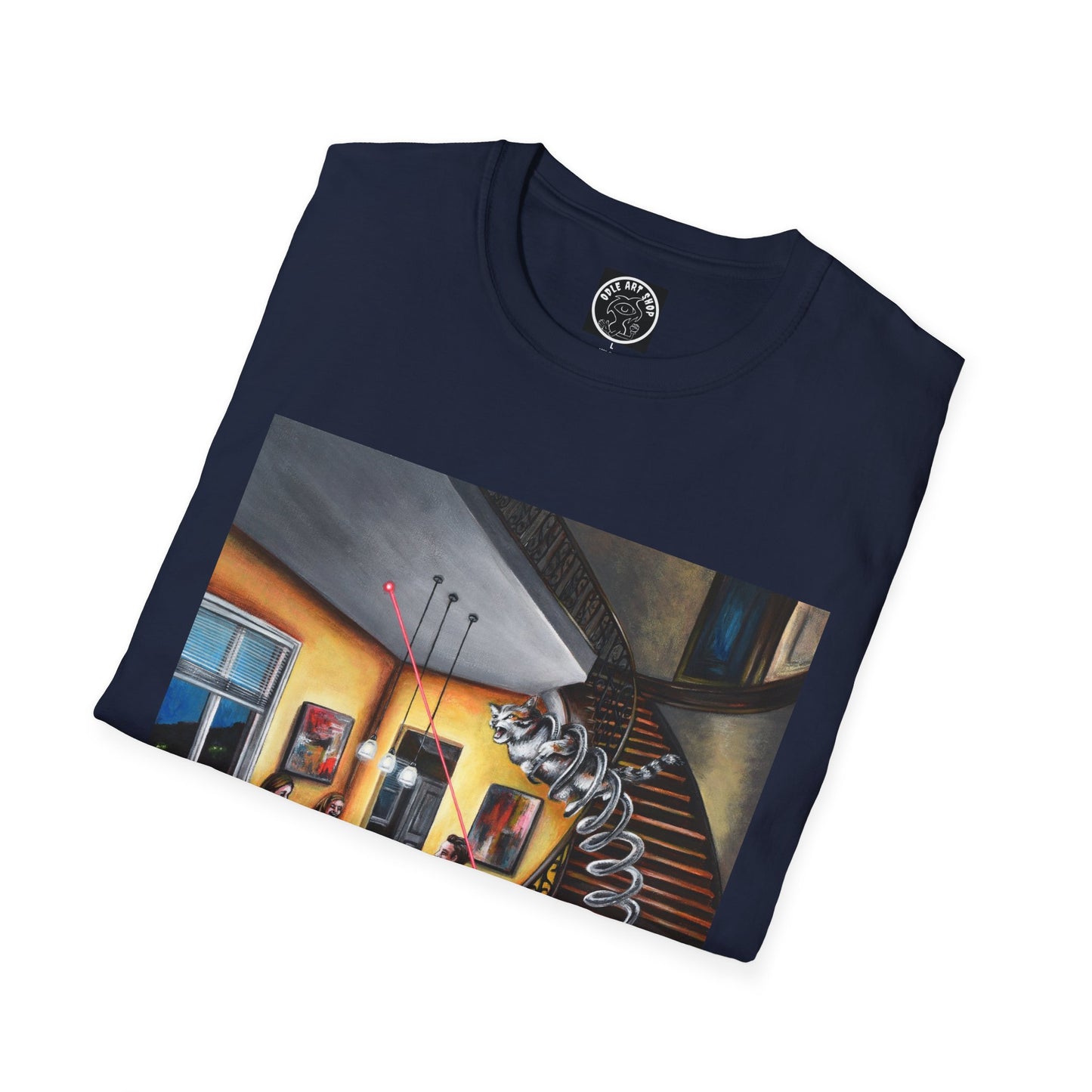 Surreal Spiral Staircase Art T-Shirt — Hand-Painted Room Scene Graphic Tee