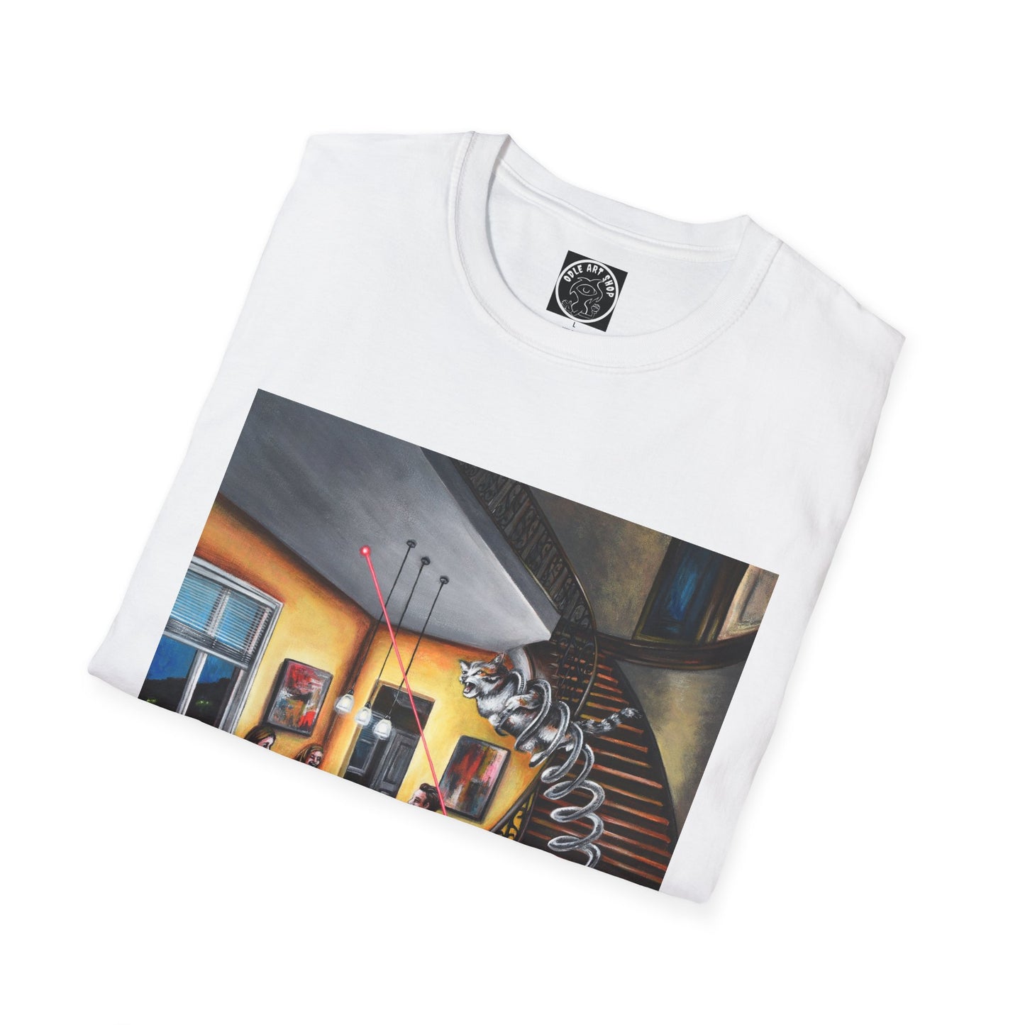Surreal Spiral Staircase Art T-Shirt — Hand-Painted Room Scene Graphic Tee