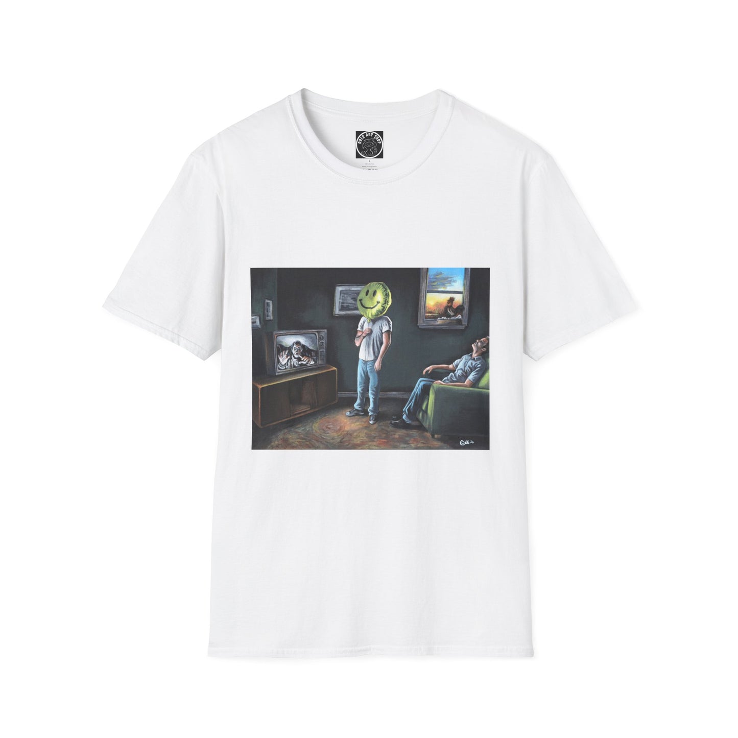 Surreal Smiley Mask Art T-Shirt — Retro TV Night Scene