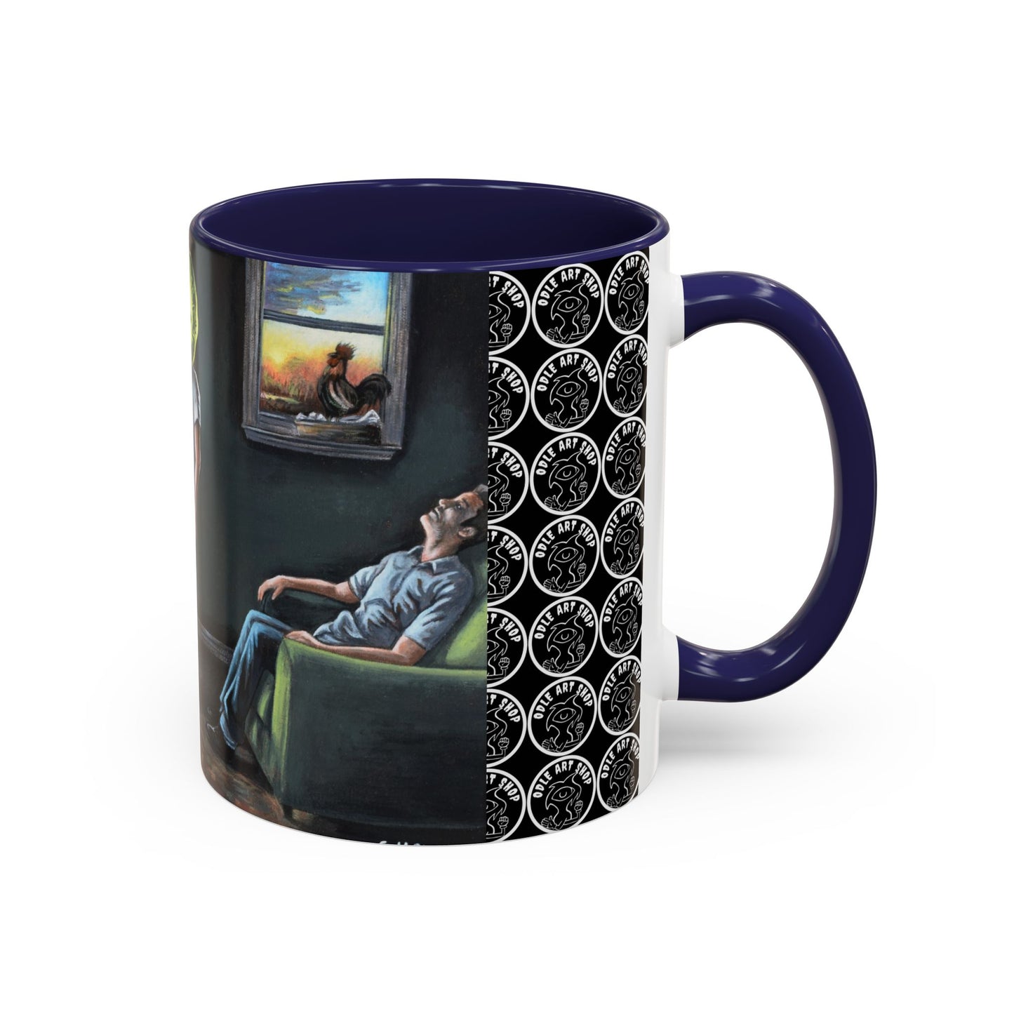Smiley Mask Art Coffee Mug — Surreal Portrait Accent 11/15oz