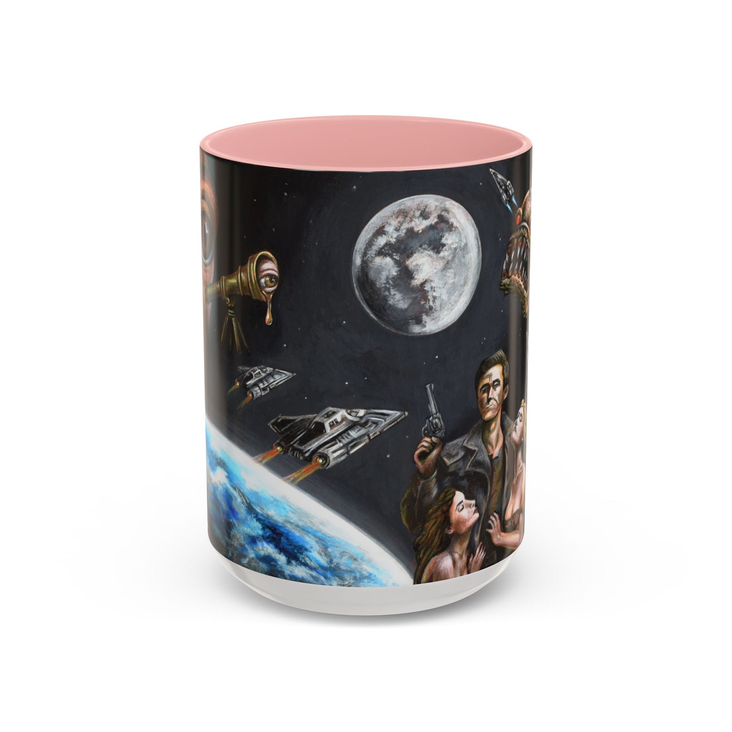 Space Adventure Coffee Mug - Retro Sci‑Fi Crew & Alien Monsters