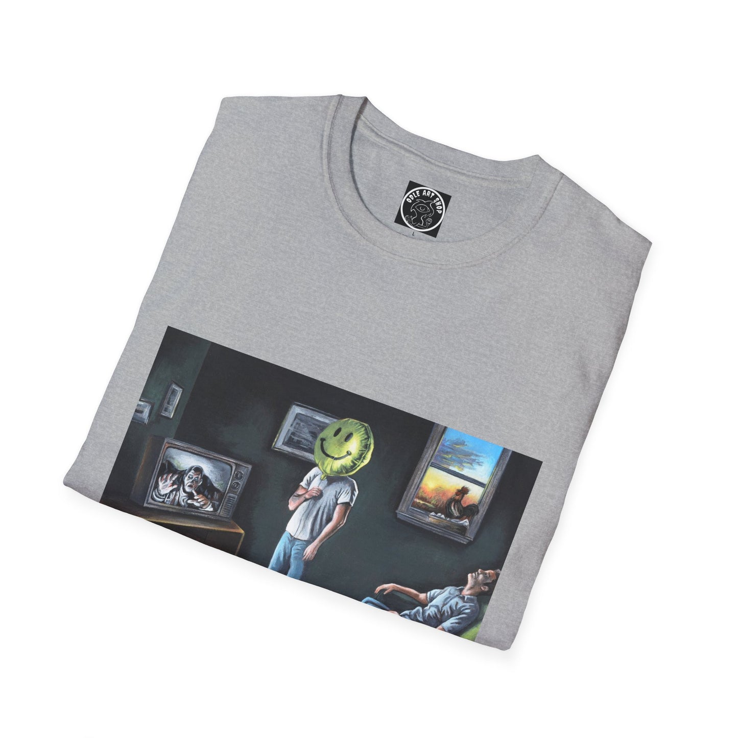 Surreal Smiley Mask Art T-Shirt — Retro TV Night Scene