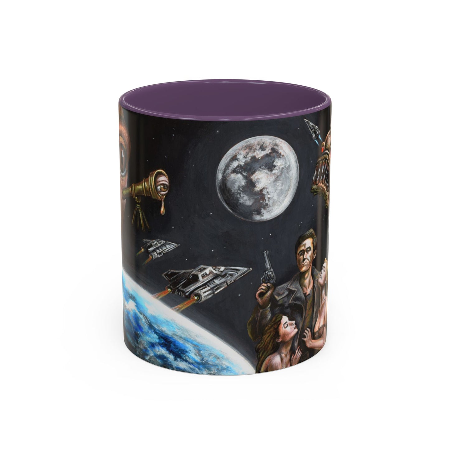 Space Adventure Coffee Mug - Retro Sci‑Fi Crew & Alien Monsters
