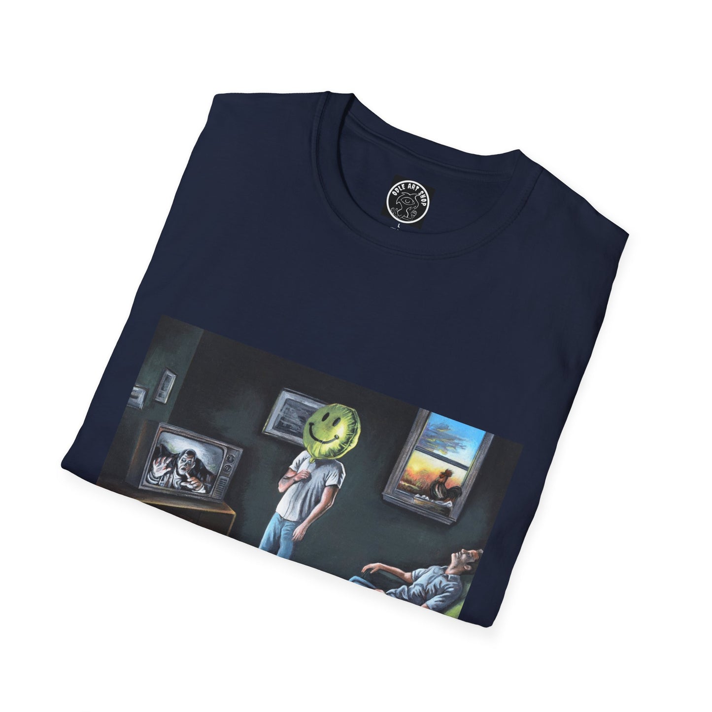 Surreal Smiley Mask Art T-Shirt — Retro TV Night Scene