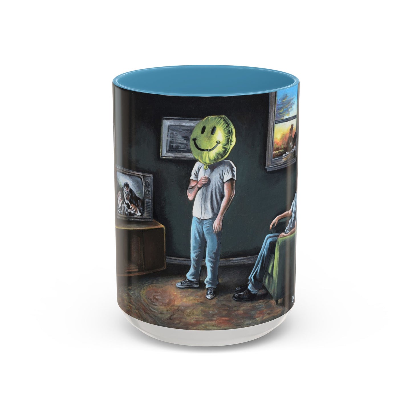 Smiley Mask Art Coffee Mug — Surreal Portrait Accent 11/15oz