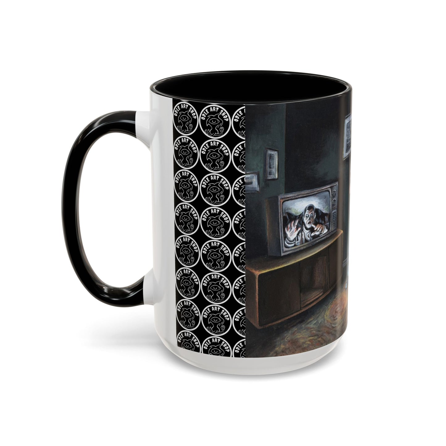 Smiley Mask Art Coffee Mug — Surreal Portrait Accent 11/15oz