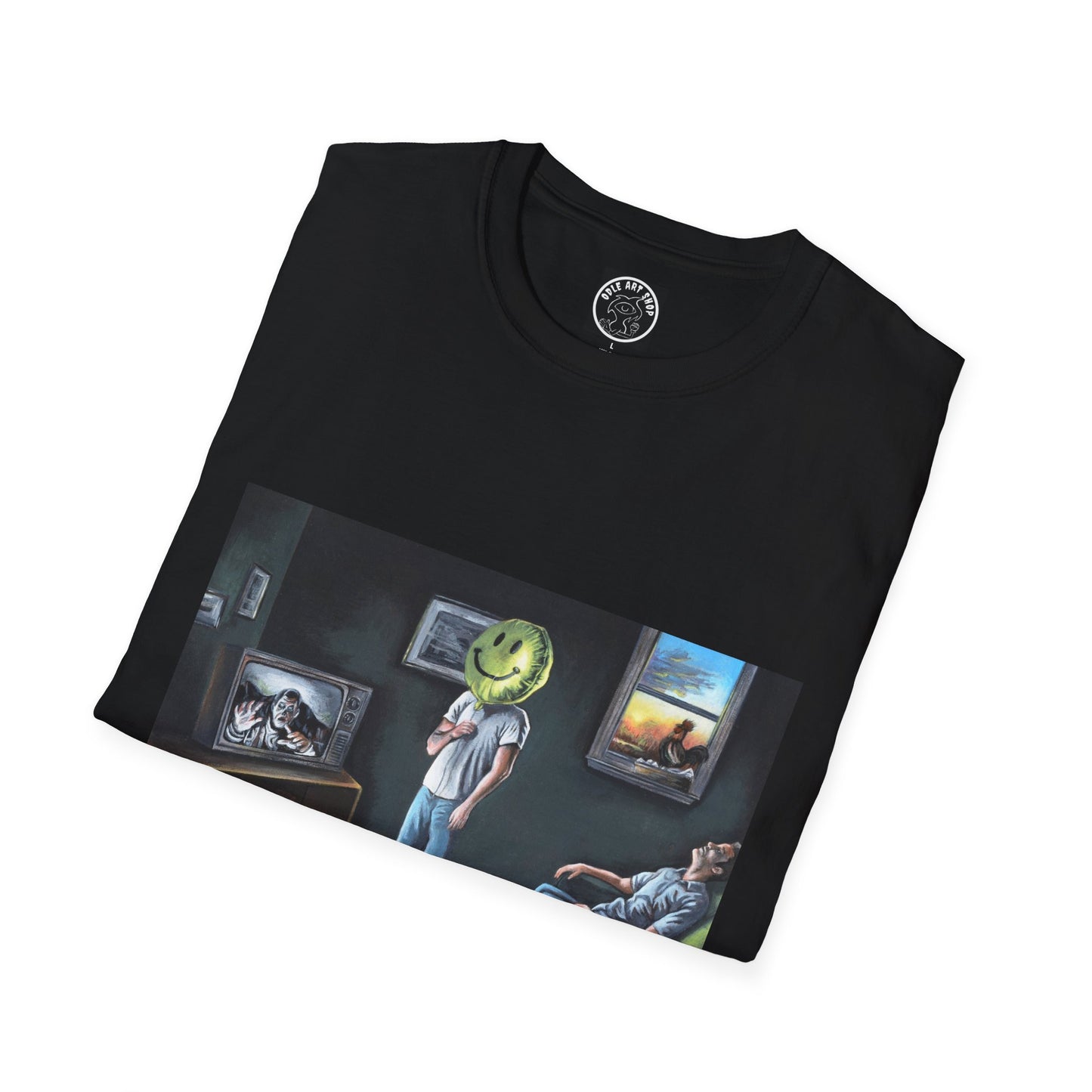 Surreal Smiley Mask Art T-Shirt — Retro TV Night Scene