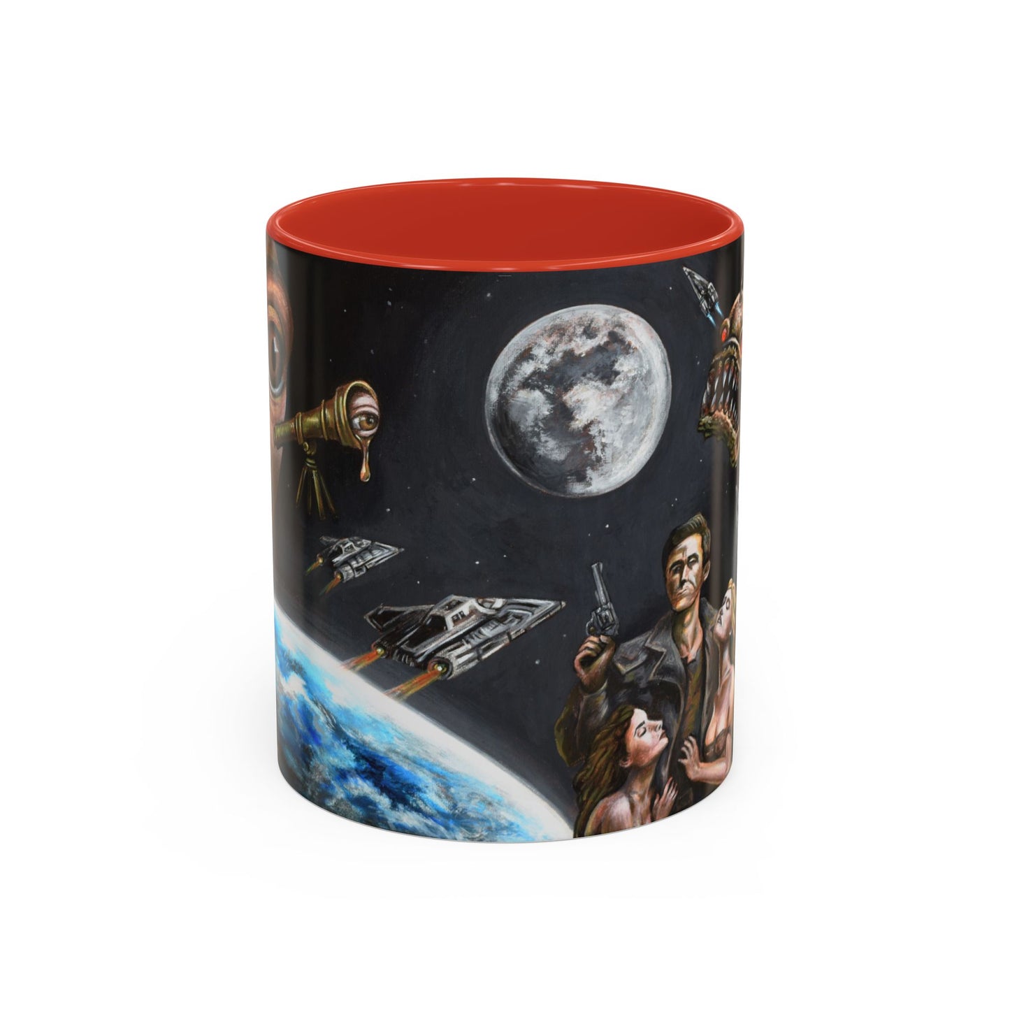 Space Adventure Coffee Mug - Retro Sci‑Fi Crew & Alien Monsters
