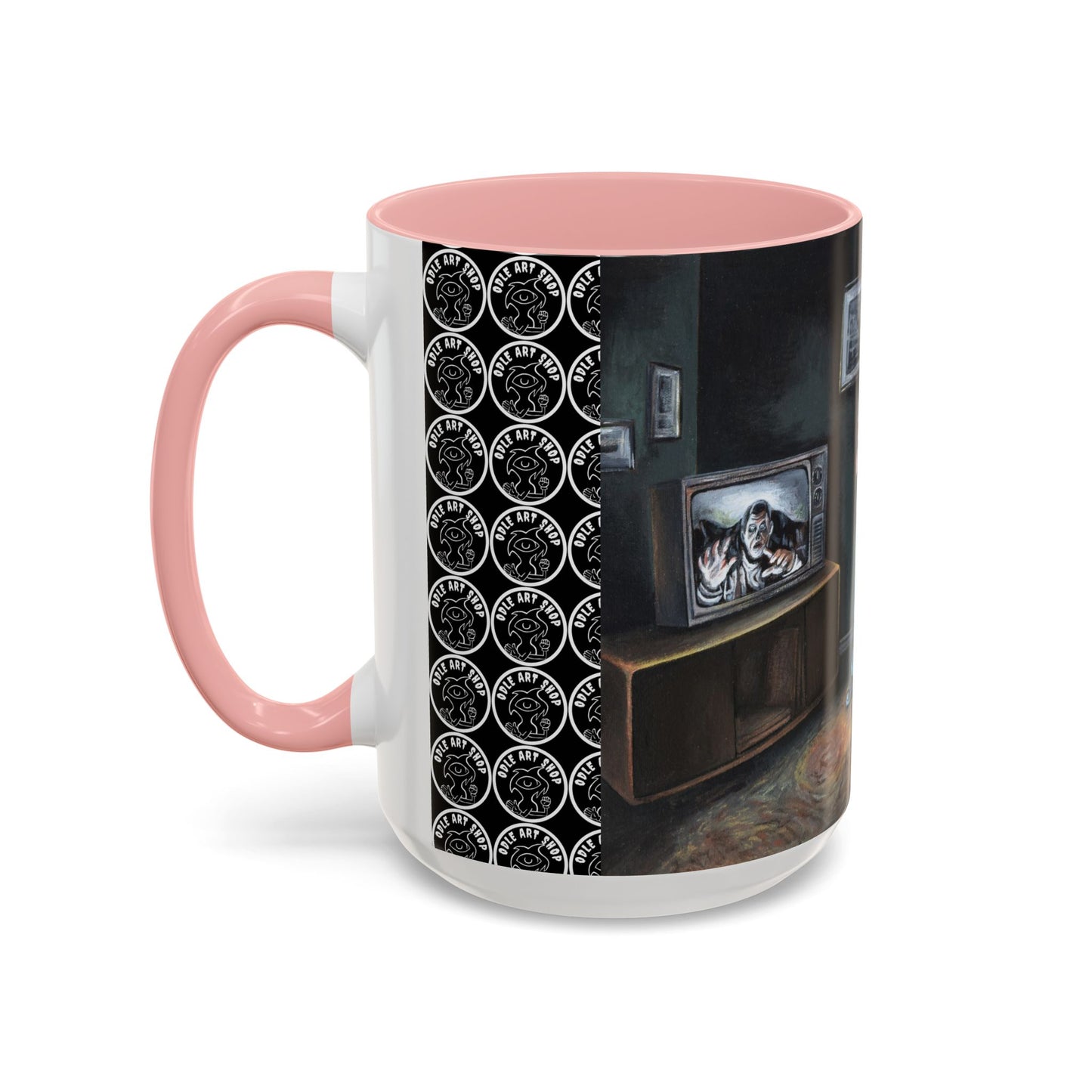 Smiley Mask Art Coffee Mug — Surreal Portrait Accent 11/15oz