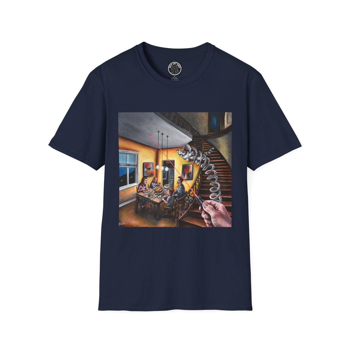 Surreal Spiral Staircase Art T-Shirt — Hand-Painted Room Scene Graphic Tee