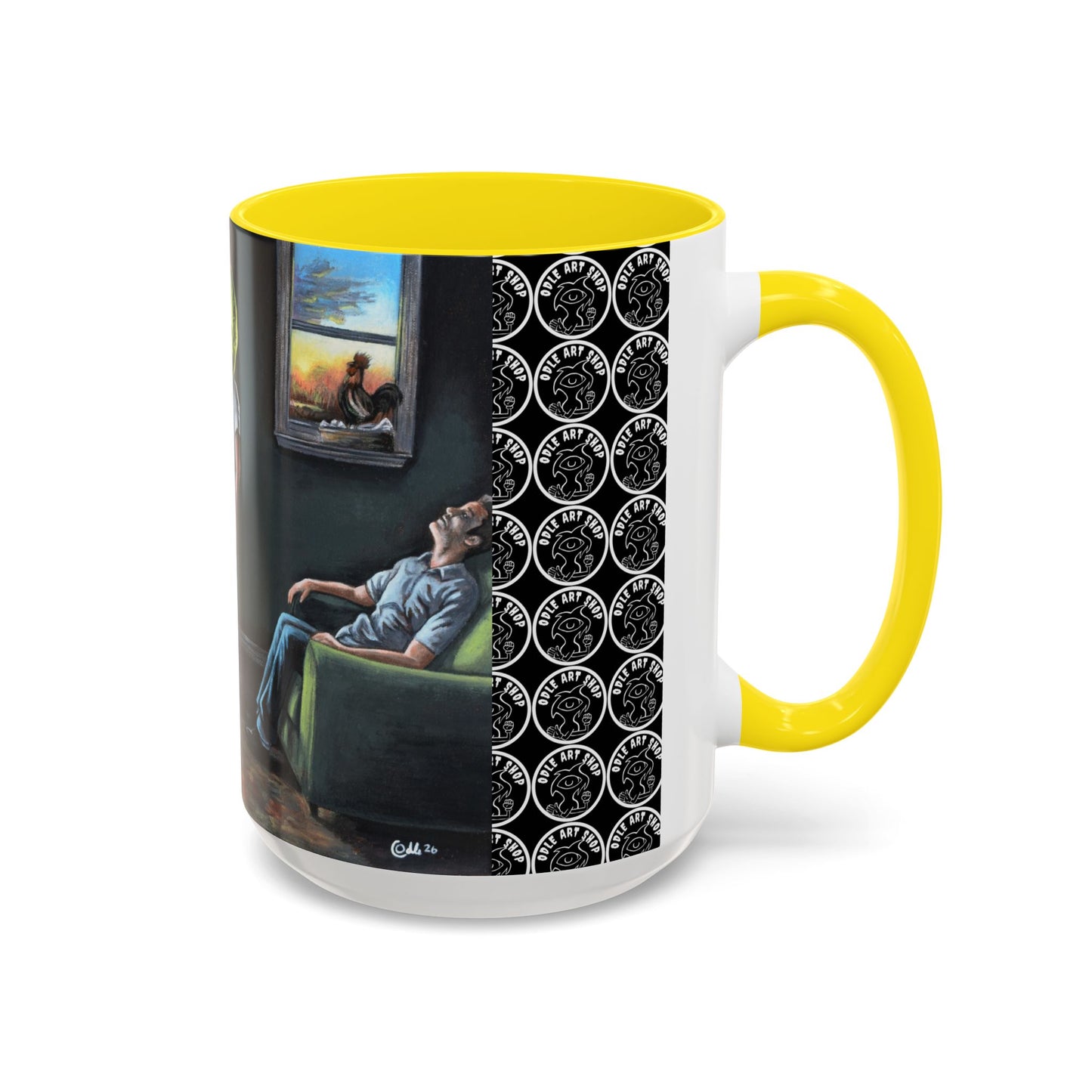 Smiley Mask Art Coffee Mug — Surreal Portrait Accent 11/15oz