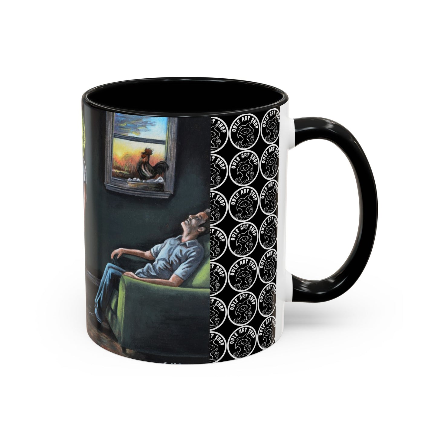 Smiley Mask Art Coffee Mug — Surreal Portrait Accent 11/15oz