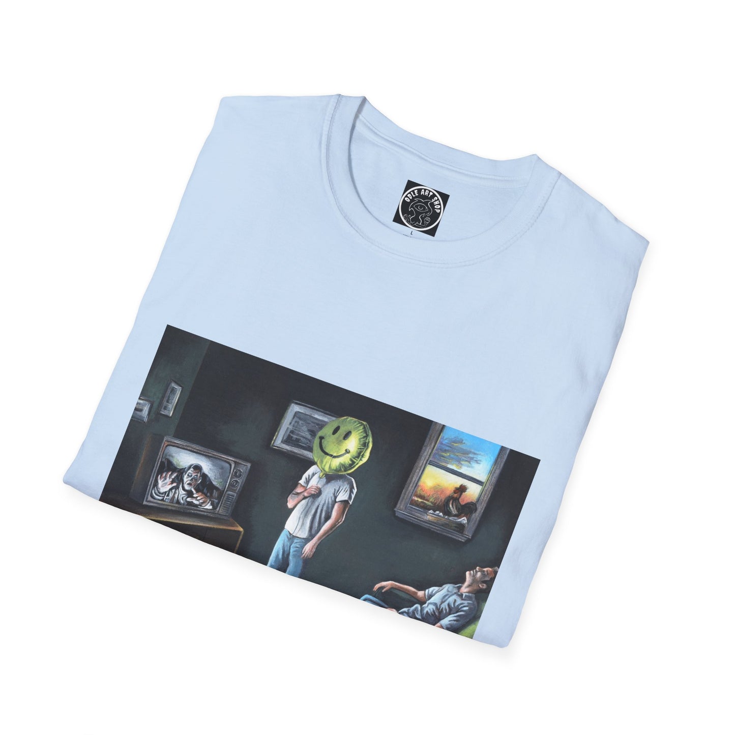 Surreal Smiley Mask Art T-Shirt — Retro TV Night Scene