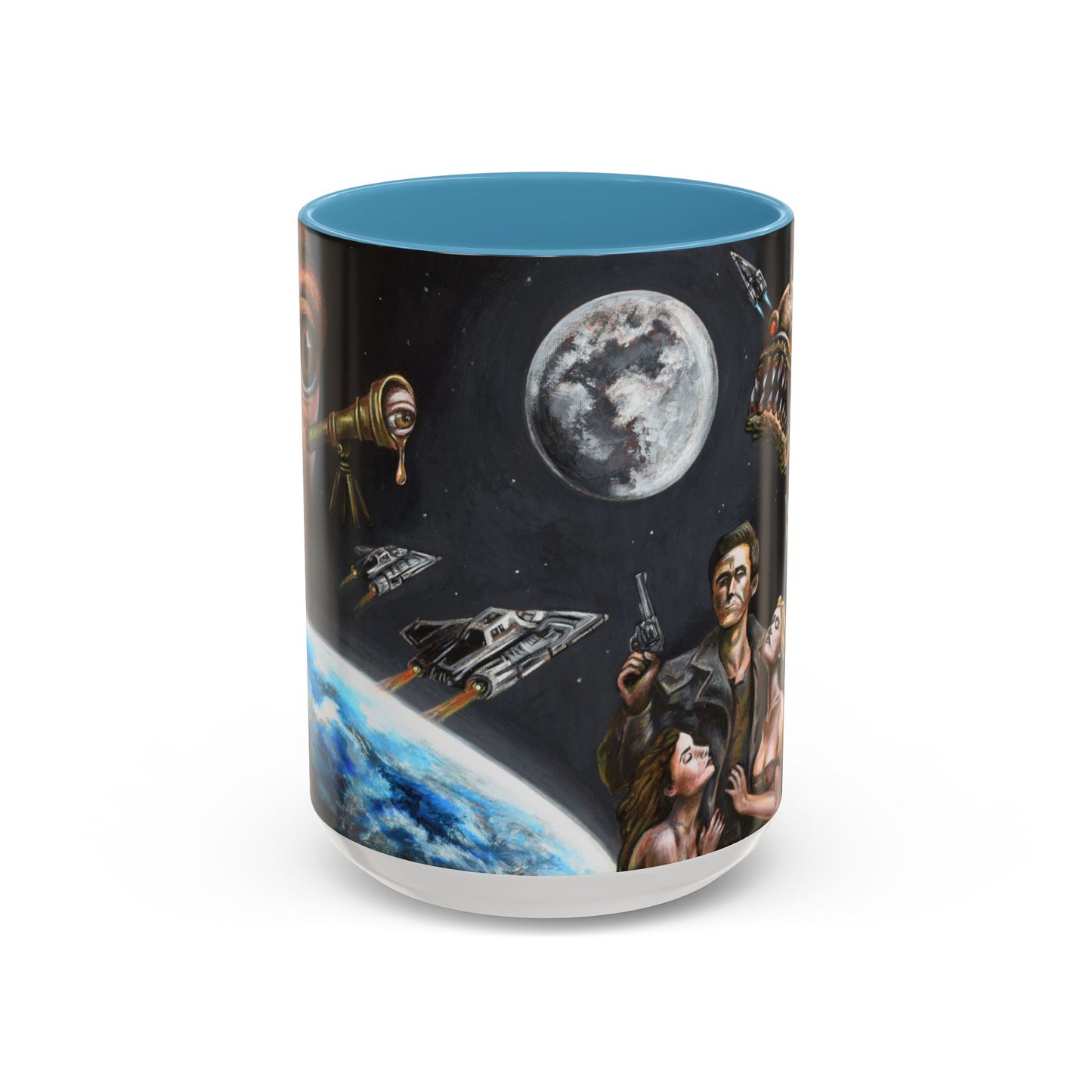 Space Adventure Coffee Mug - Retro Sci‑Fi Crew & Alien Monsters