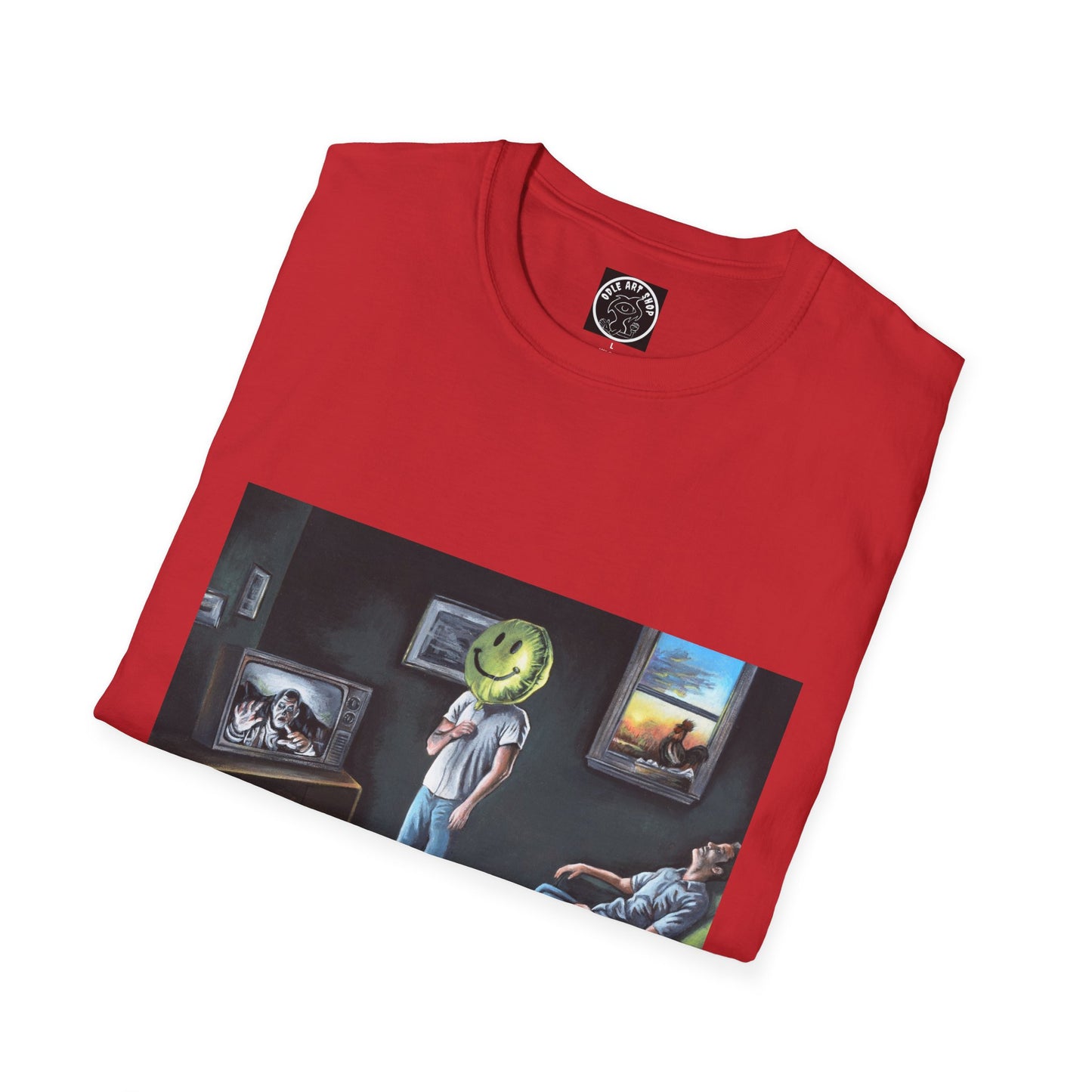 Surreal Smiley Mask Art T-Shirt — Retro TV Night Scene