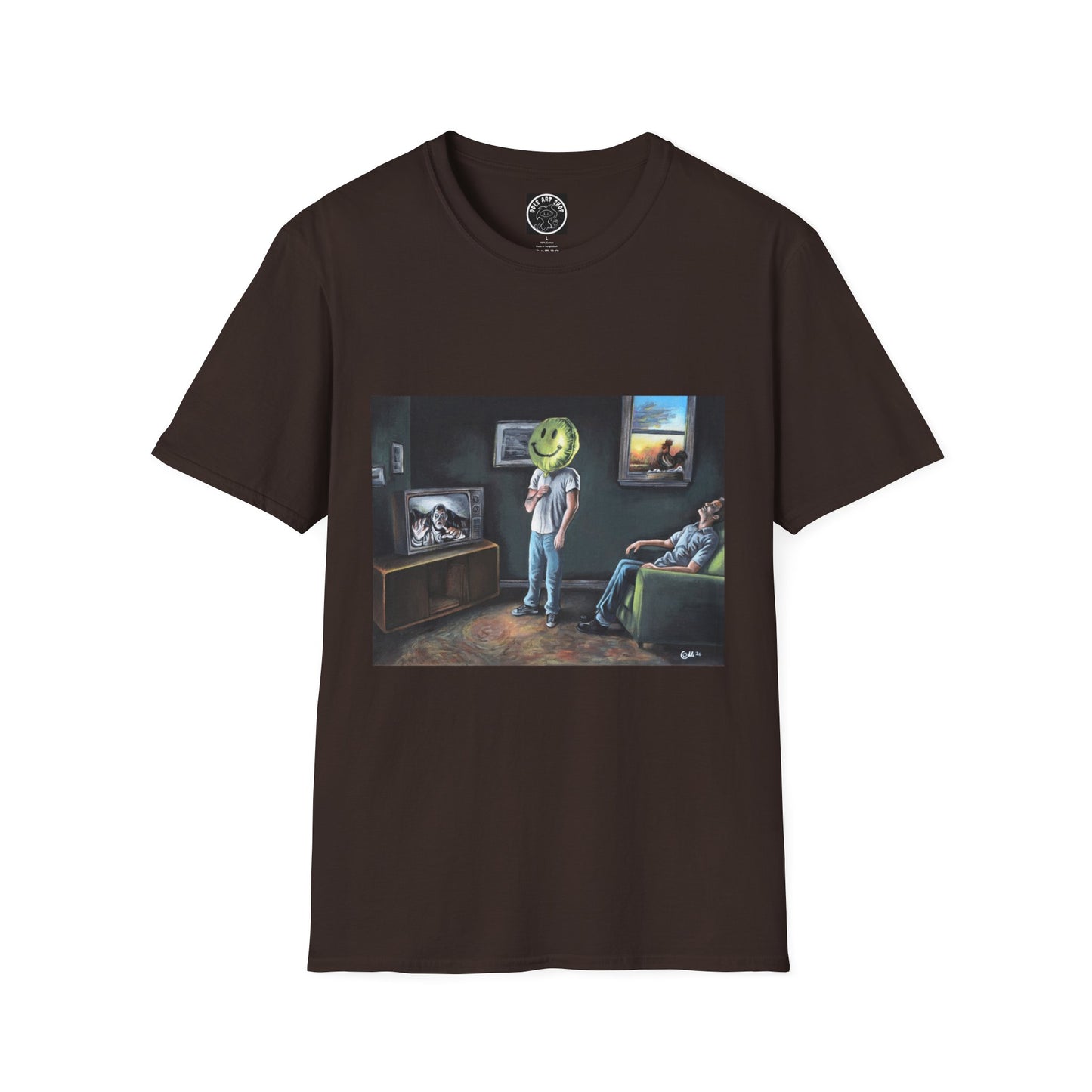 Surreal Smiley Mask Art T-Shirt — Retro TV Night Scene