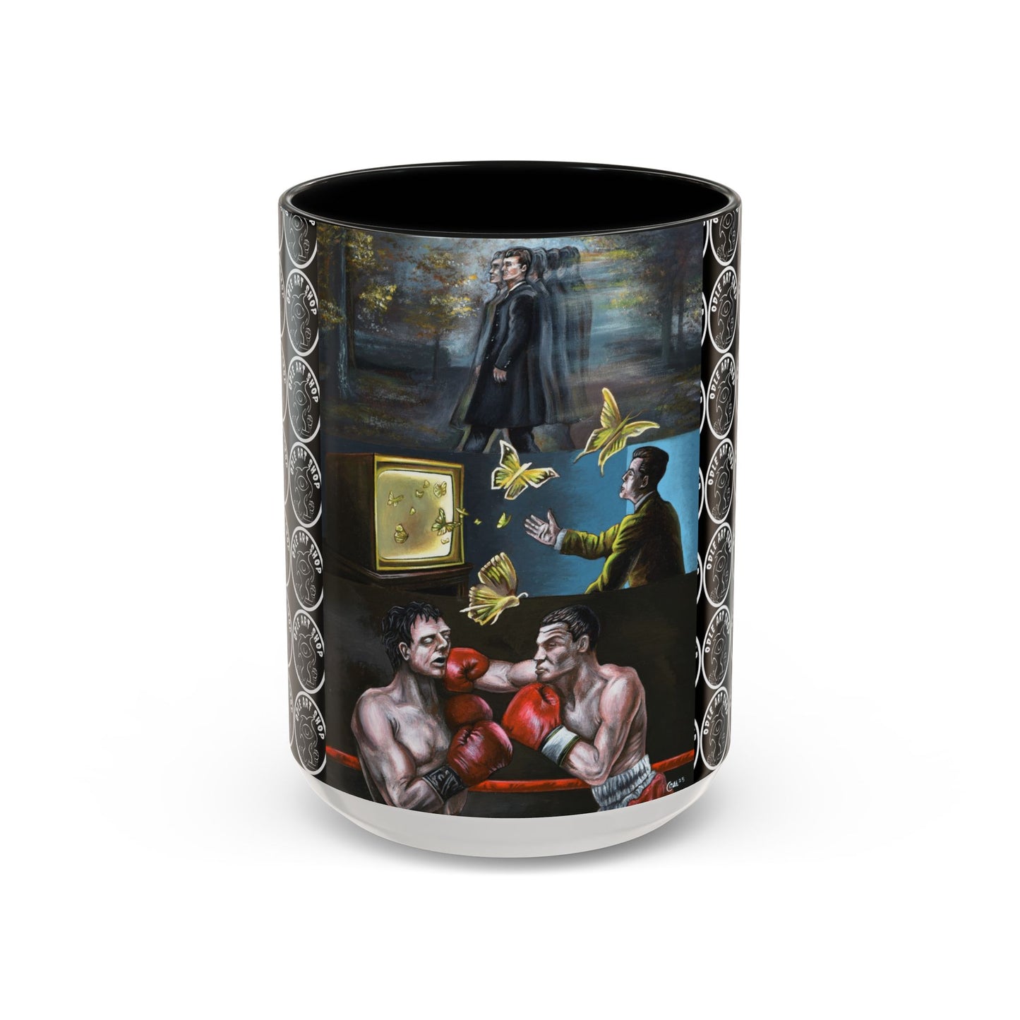 Literary Classics Collage Accent Coffee Mug — Boxing, Butterflies & Dark Forest Art (11/15oz)