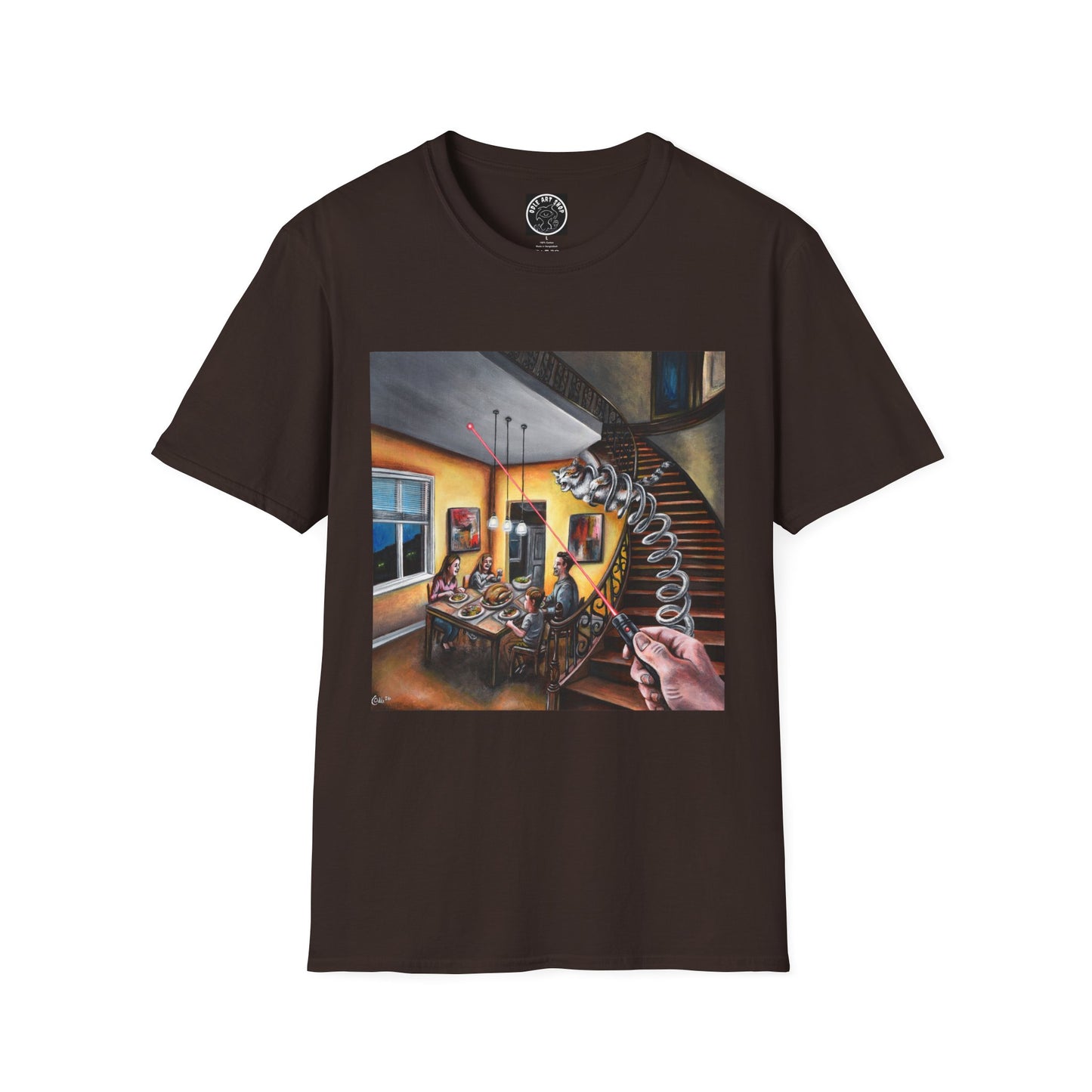 Surreal Spiral Staircase Art T-Shirt — Hand-Painted Room Scene Graphic Tee