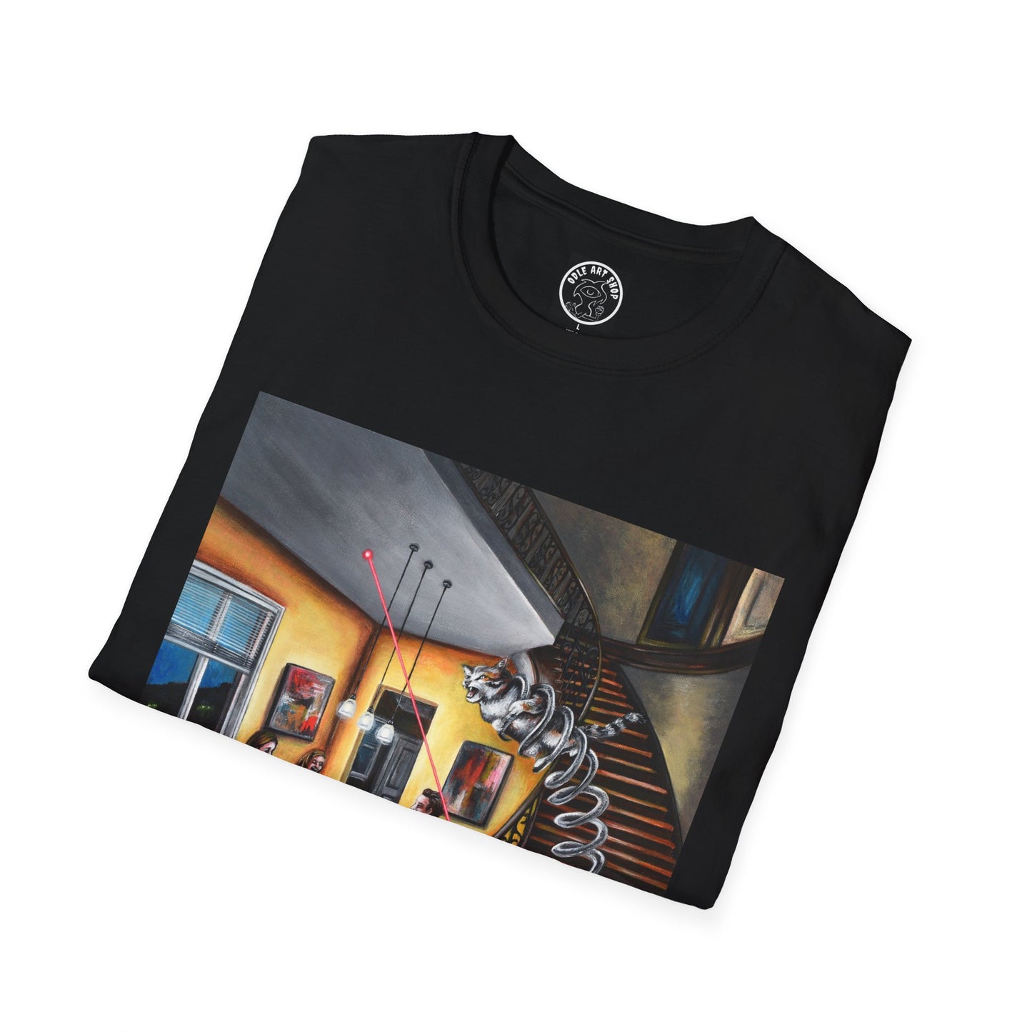 Surreal Spiral Staircase Art T-Shirt — Hand-Painted Room Scene Graphic Tee