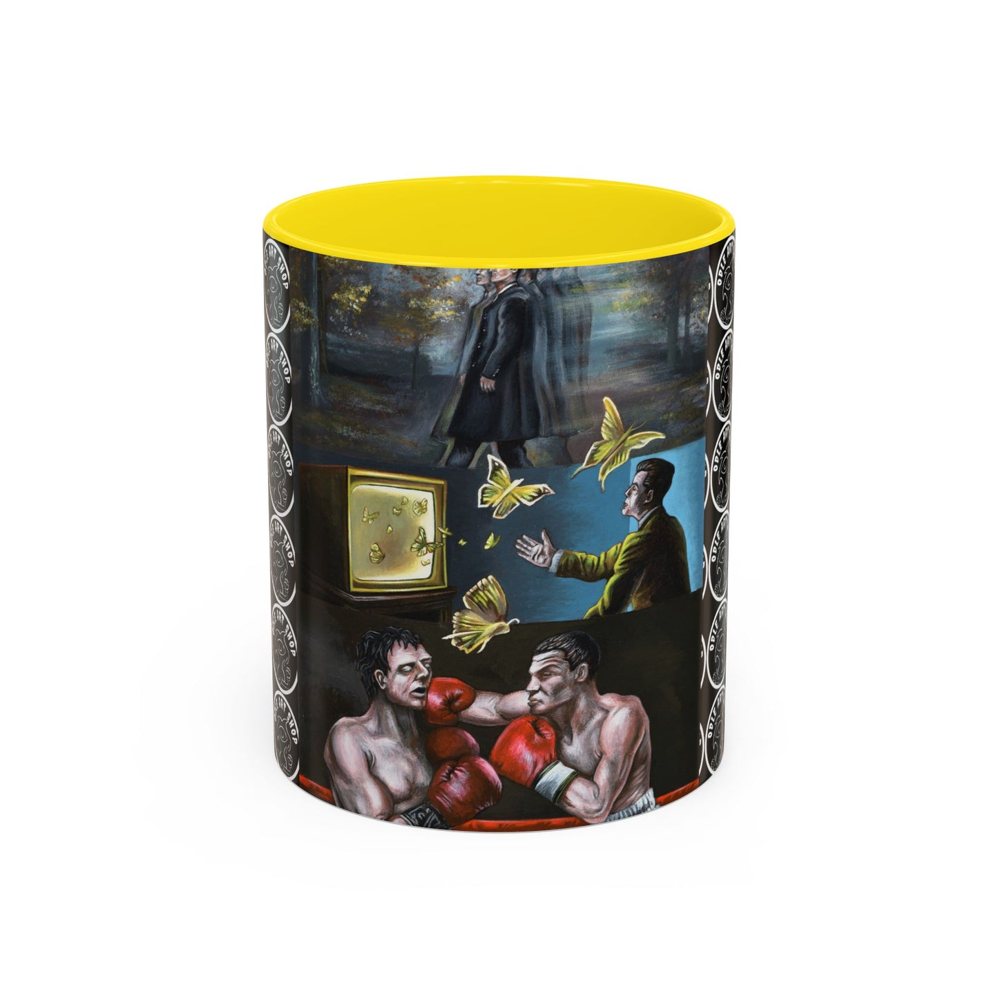 Literary Classics Collage Accent Coffee Mug — Boxing, Butterflies & Dark Forest Art (11/15oz)