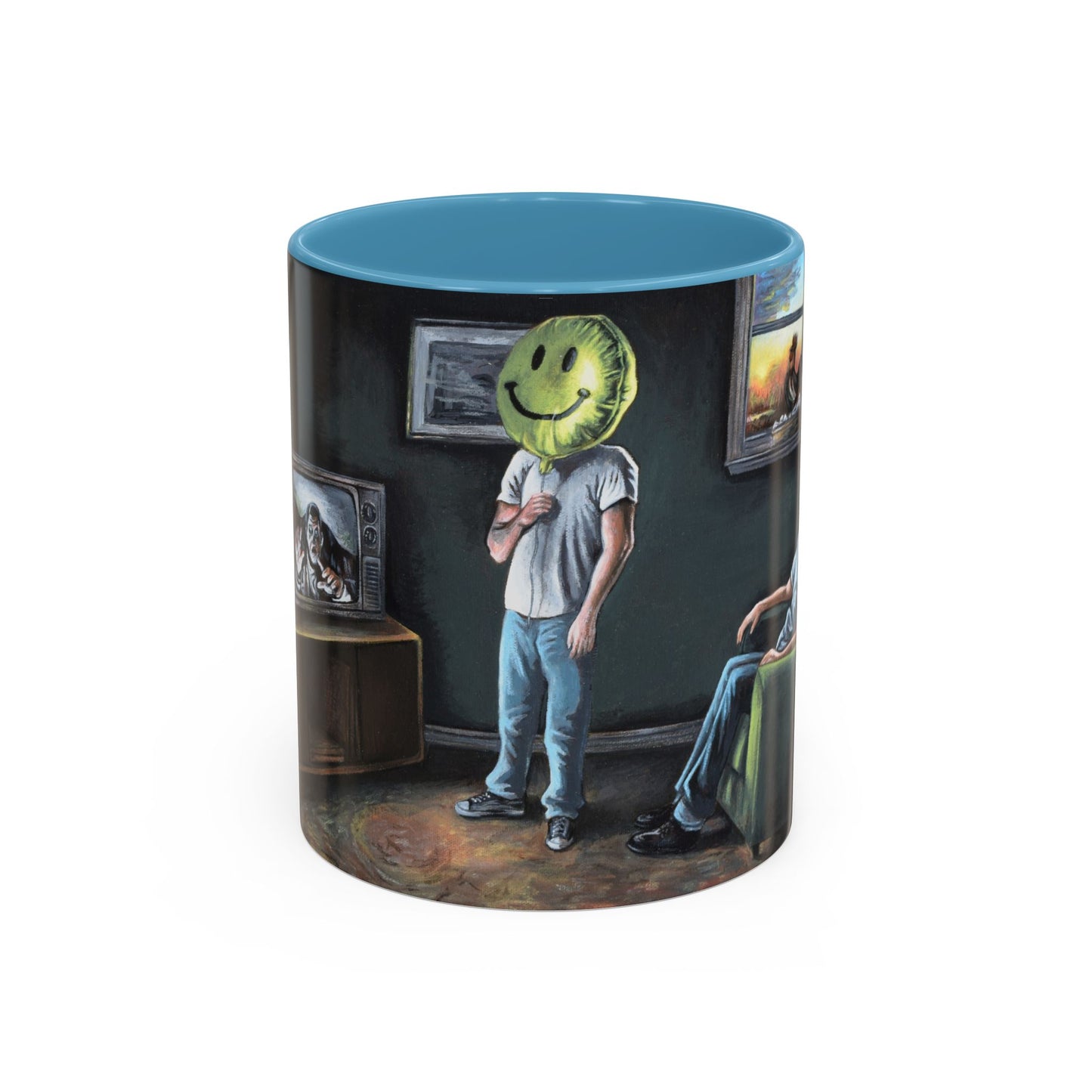 Smiley Mask Art Coffee Mug — Surreal Portrait Accent 11/15oz