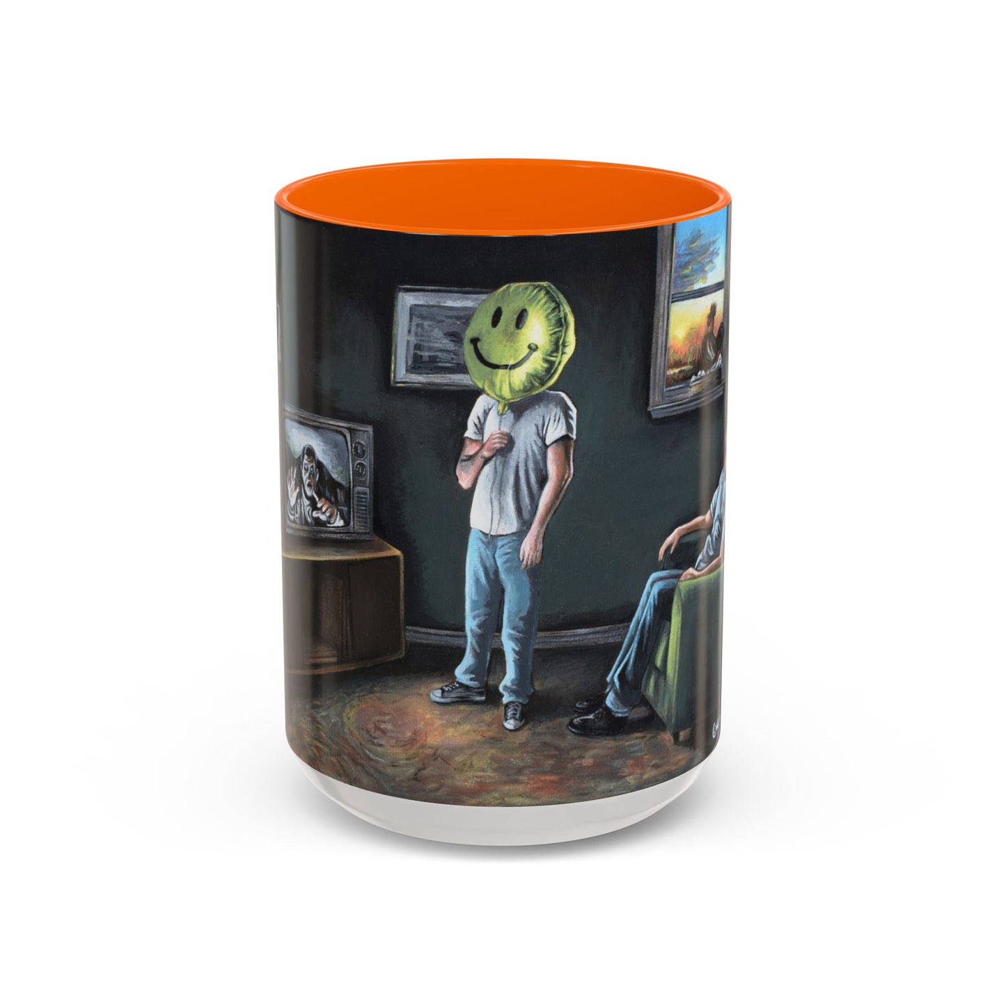 Smiley Mask Art Coffee Mug — Surreal Portrait Accent 11/15oz