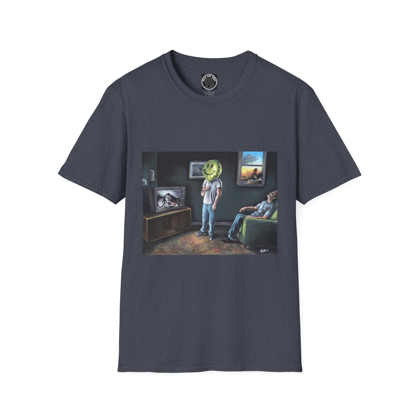 Surreal Smiley Mask Art T-Shirt — Retro TV Night Scene