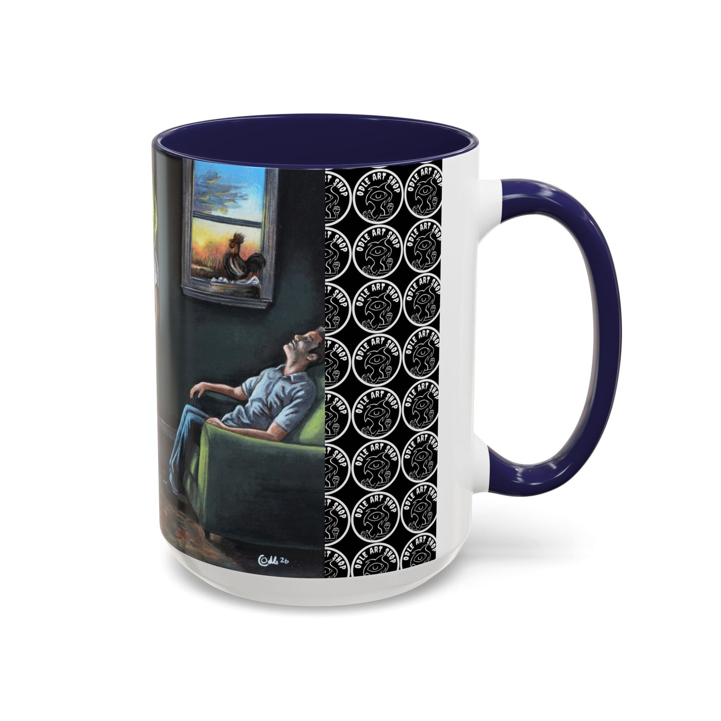 Smiley Mask Art Coffee Mug — Surreal Portrait Accent 11/15oz