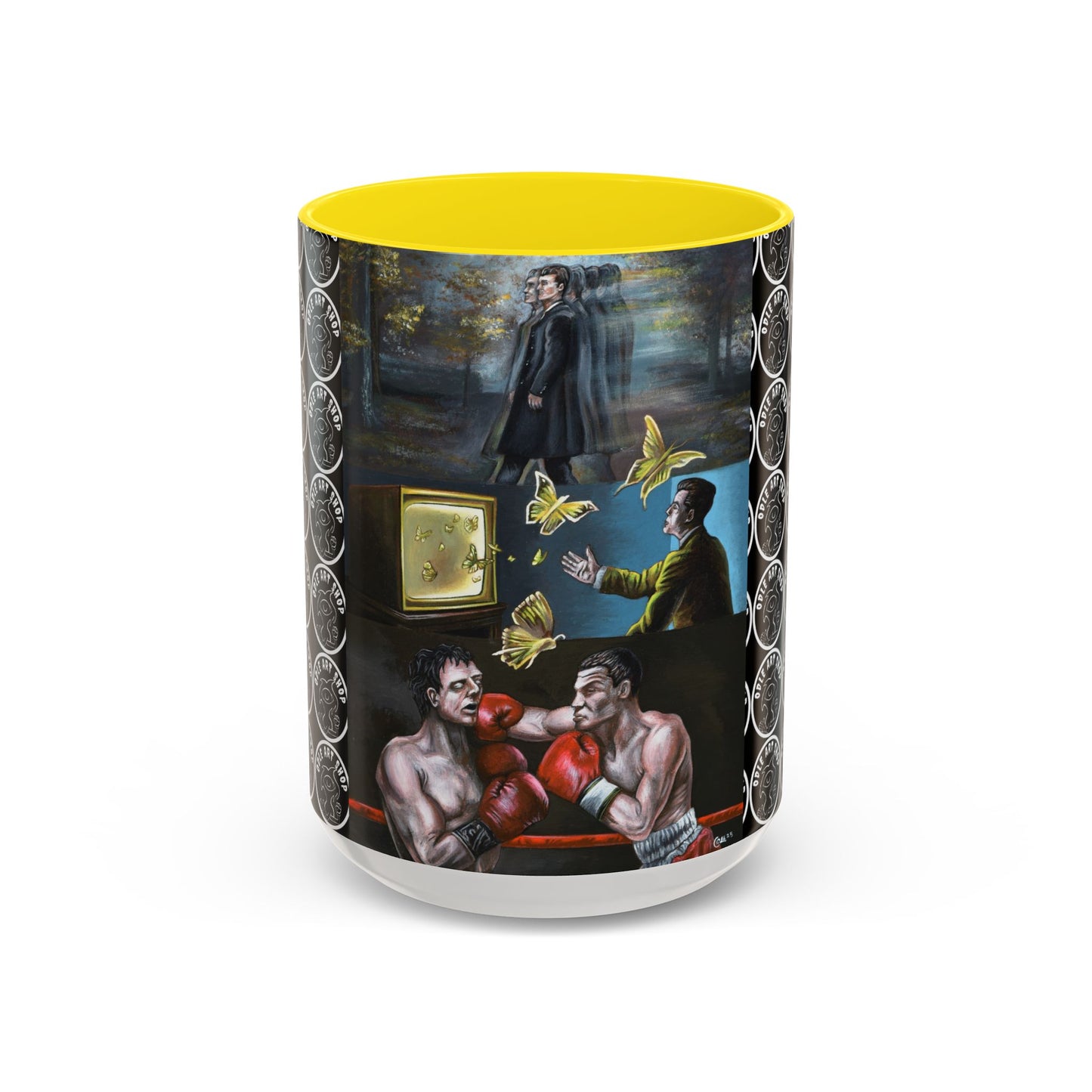 Literary Classics Collage Accent Coffee Mug — Boxing, Butterflies & Dark Forest Art (11/15oz)