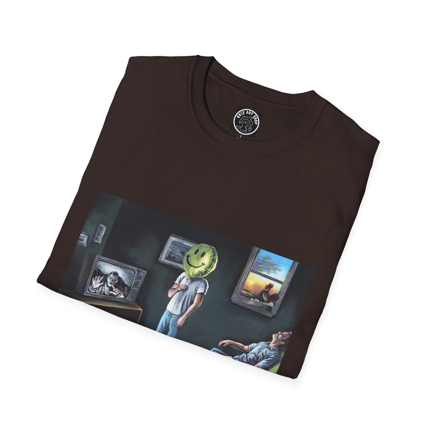 Surreal Smiley Mask Art T-Shirt — Retro TV Night Scene