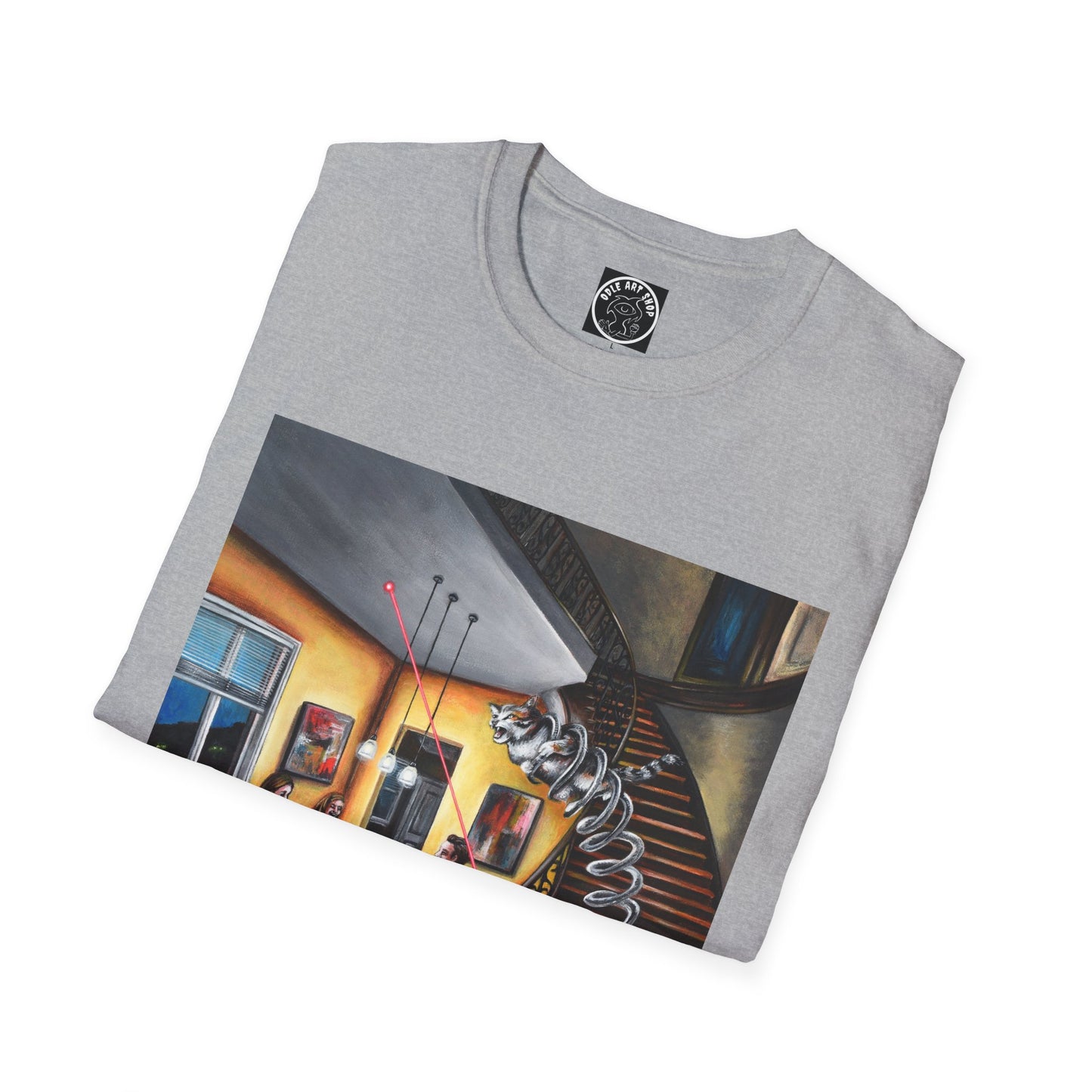 Surreal Spiral Staircase Art T-Shirt — Hand-Painted Room Scene Graphic Tee