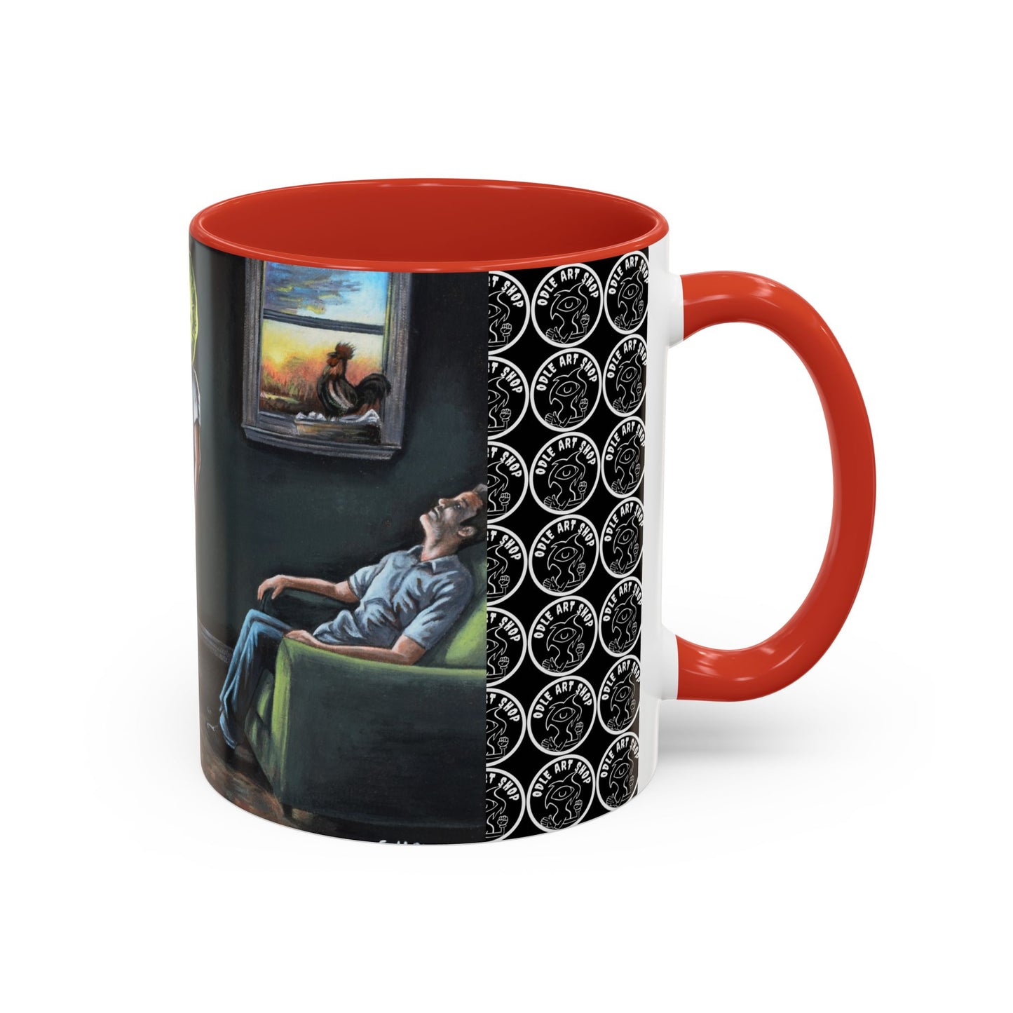 Smiley Mask Art Coffee Mug — Surreal Portrait Accent 11/15oz