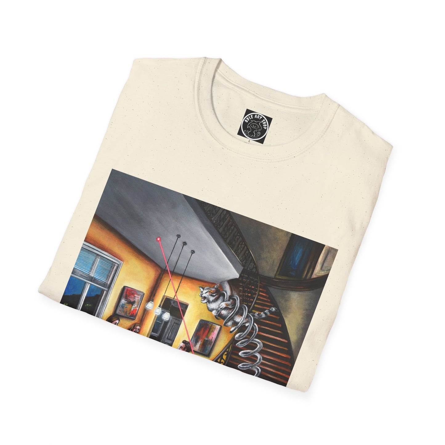 Surreal Spiral Staircase Art T-Shirt — Hand-Painted Room Scene Graphic Tee