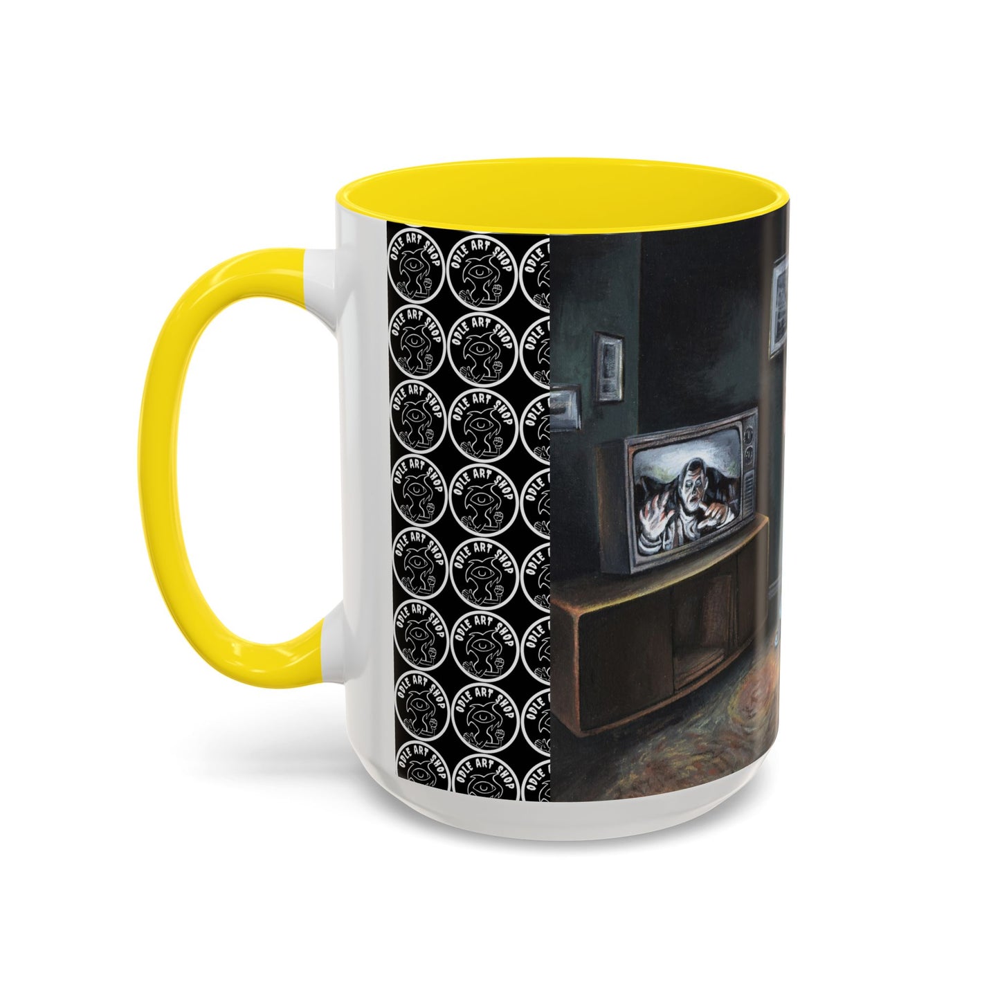 Smiley Mask Art Coffee Mug — Surreal Portrait Accent 11/15oz
